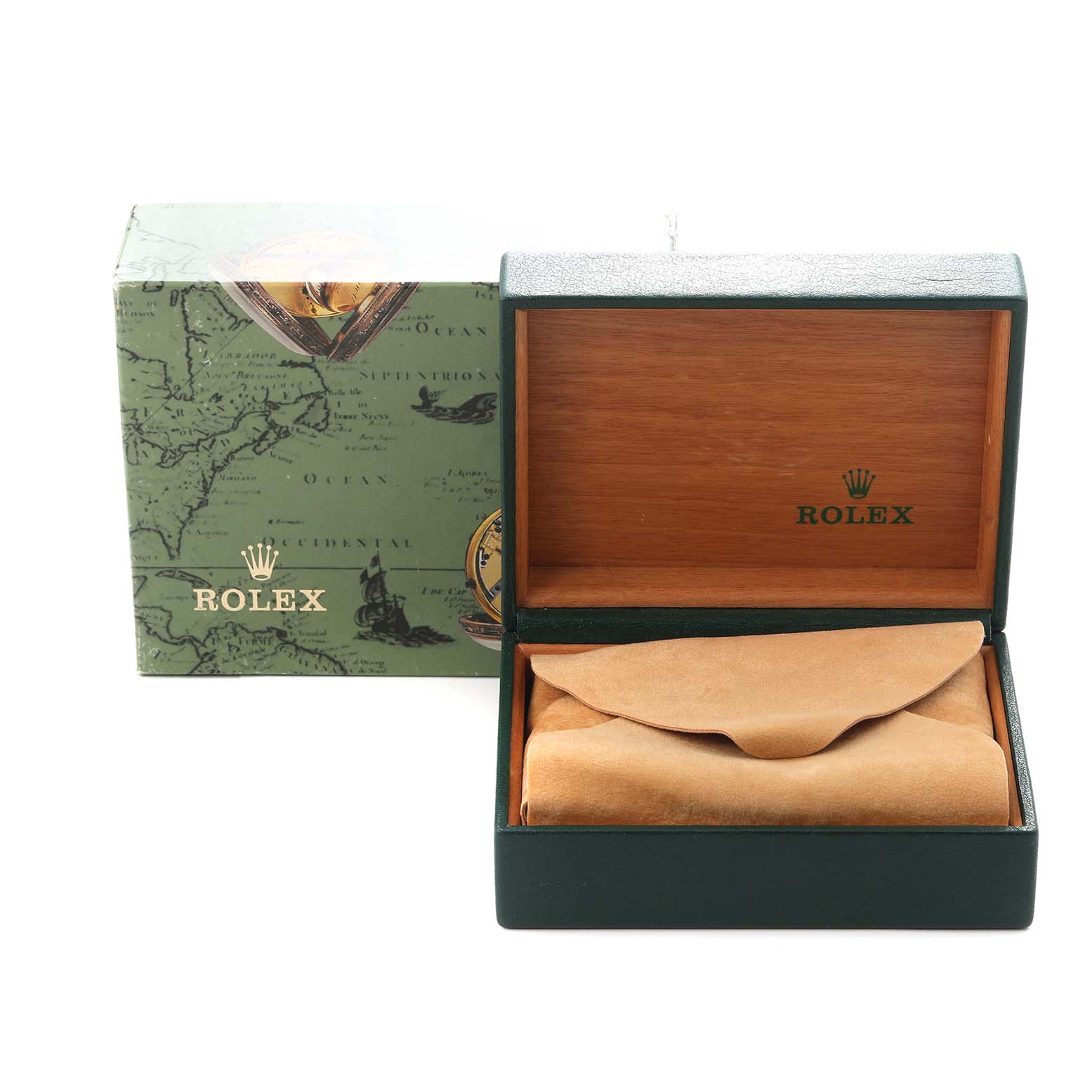 The image shows a Rolex Oyster Perpetual 76080 Women
s Stainless Steel Pink Dial 76080 Women
s Stainless Steel Pink Dial watch box and packaging, with an open watch box revealing a cloth pouch inside.