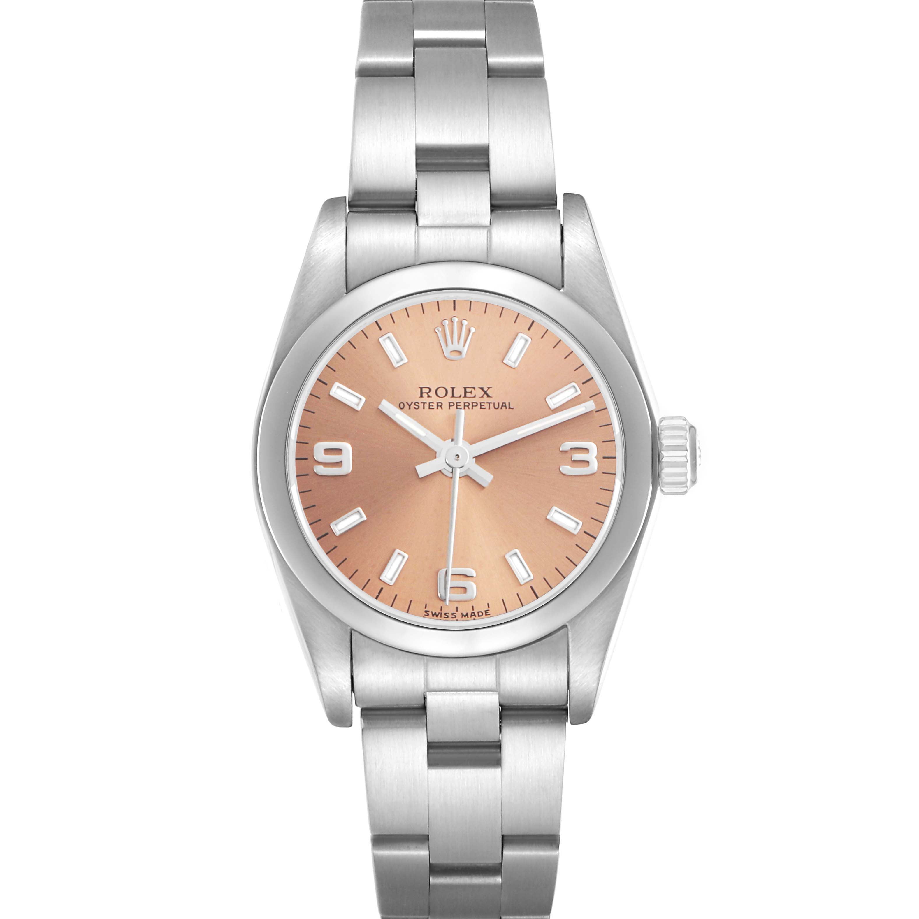 The Rolex Oyster Perpetual 76080 Women
s Stainless Steel Pink Dial 76080 Women
s Stainless Steel Pink Dial watch is shown from a top-down angle, displaying the dial, case, and bracelet.