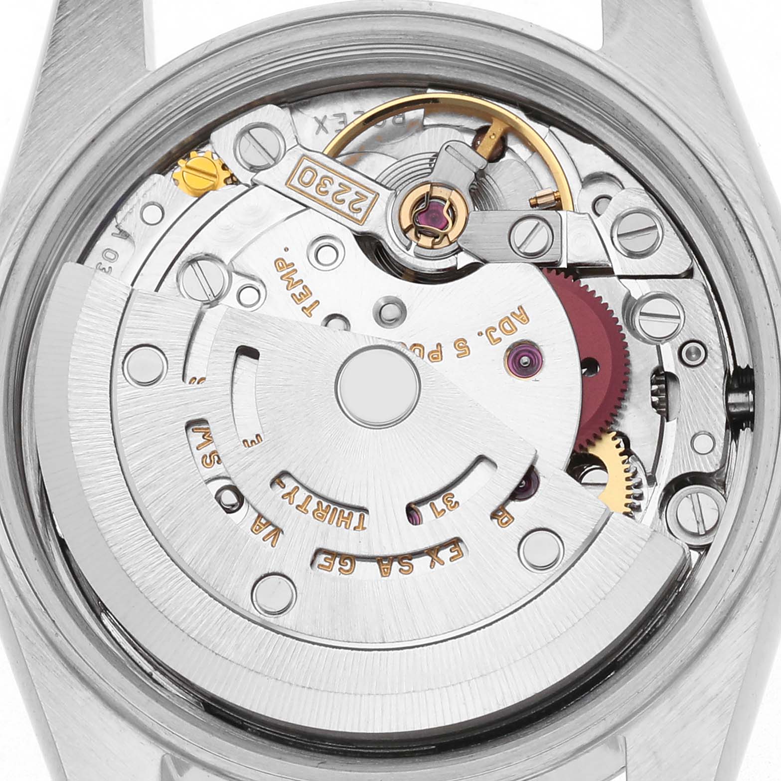 The image shows the case back and movement of a Rolex Oyster Perpetual 76080 Women
s Stainless Steel Pink Dial 76080 Women
s Stainless Steel Pink Dial from a top-down angle, highlighting the intricate mechanical parts.