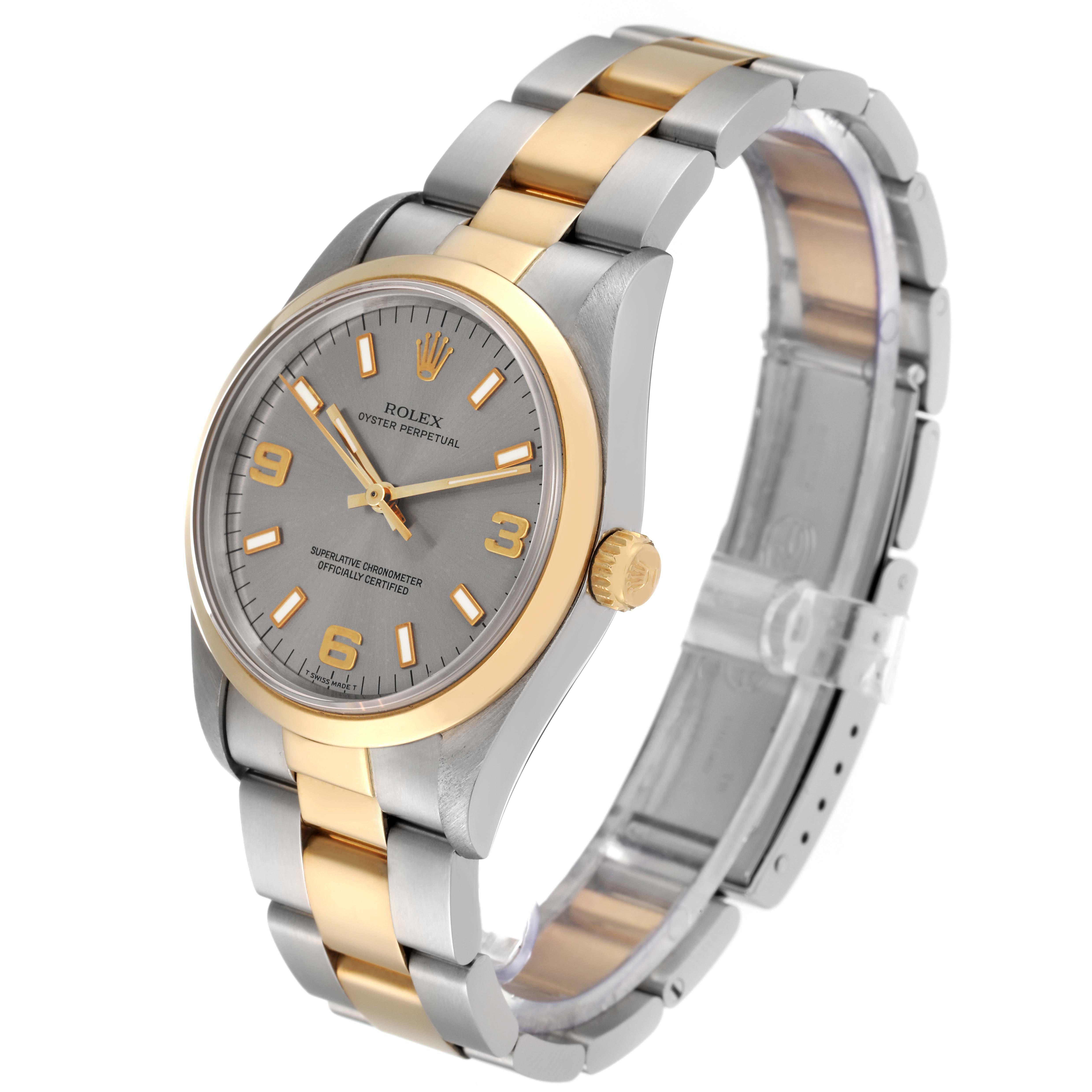 The image shows a Rolex Oyster Perpetual 14203 Men's Steel and Gold (two tone) Grey Dial 14203 Men's Steel and Gold (two tone) Grey Dial watch at a three-quarter angle, highlighting the dial, bezel, and bracelet.