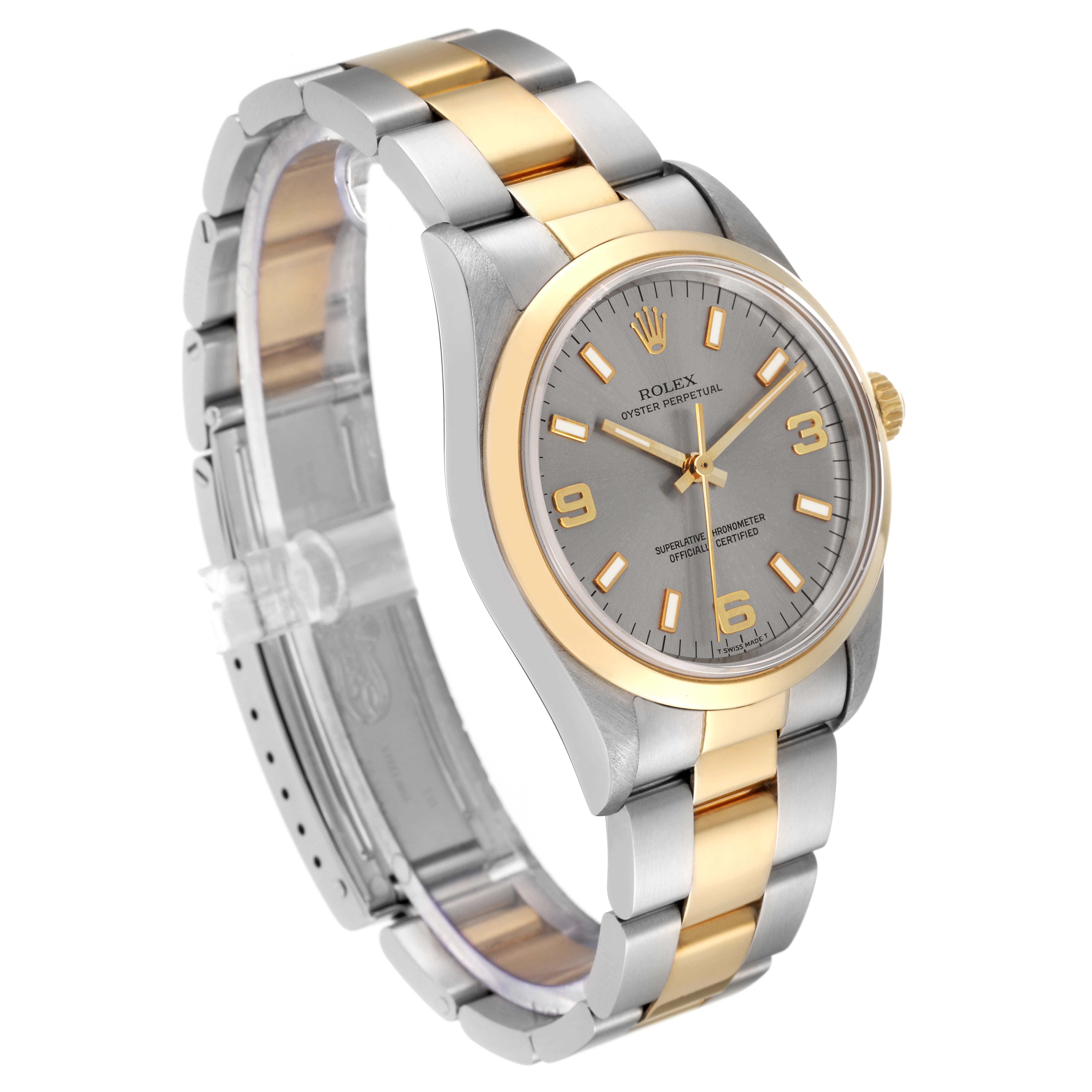 This image shows a side-angle view of a Rolex Oyster Perpetual 14203 Men's Steel and Gold (two tone) Grey Dial 14203 Men's Steel and Gold (two tone) Grey Dial watch, highlighting the two-tone bracelet and dial.
