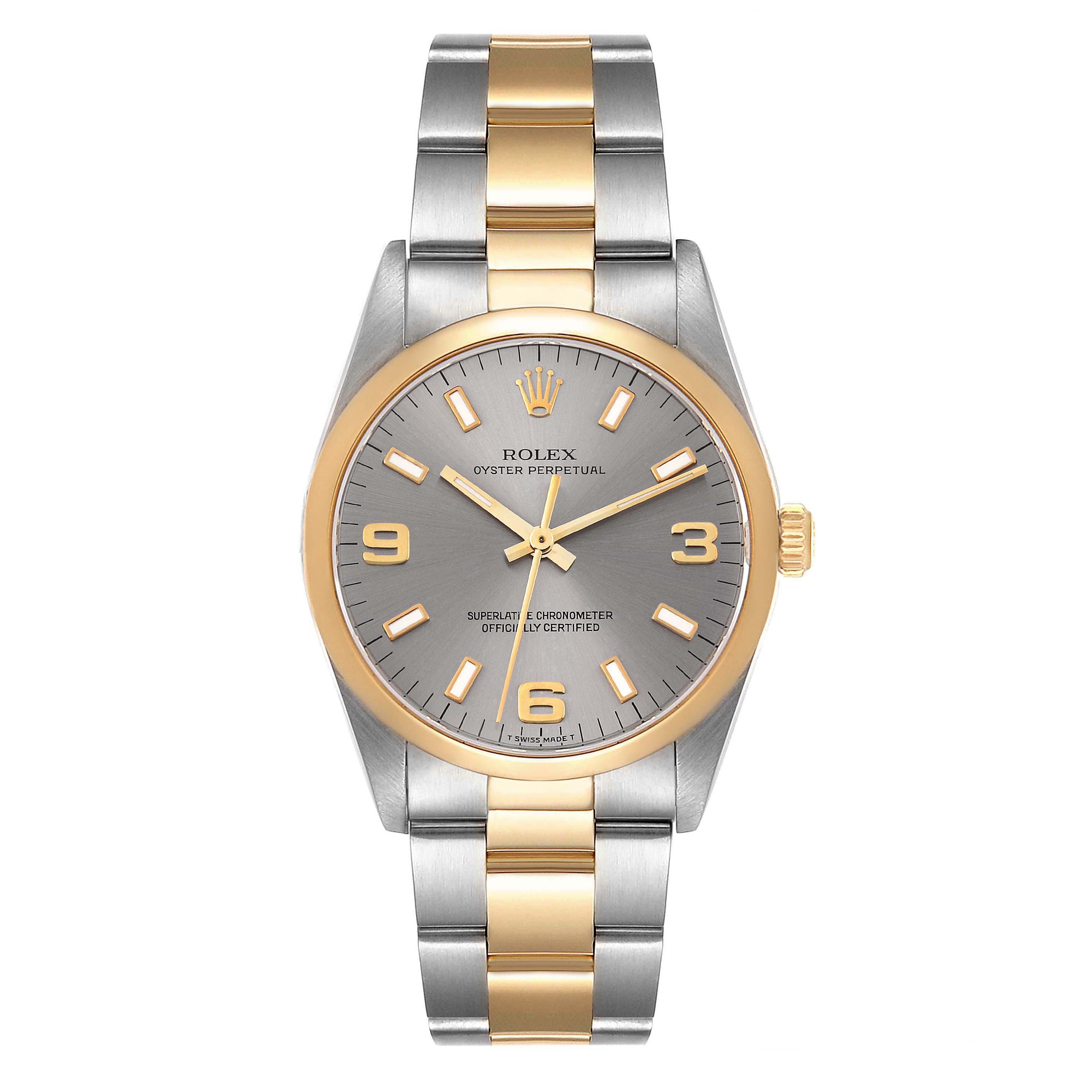 The image shows a front view of a Rolex Oyster Perpetual 14203 Men's Steel and Gold (two tone) Grey Dial 14203 Men's Steel and Gold (two tone) Grey Dial watch with a two-tone bracelet and grey dial.