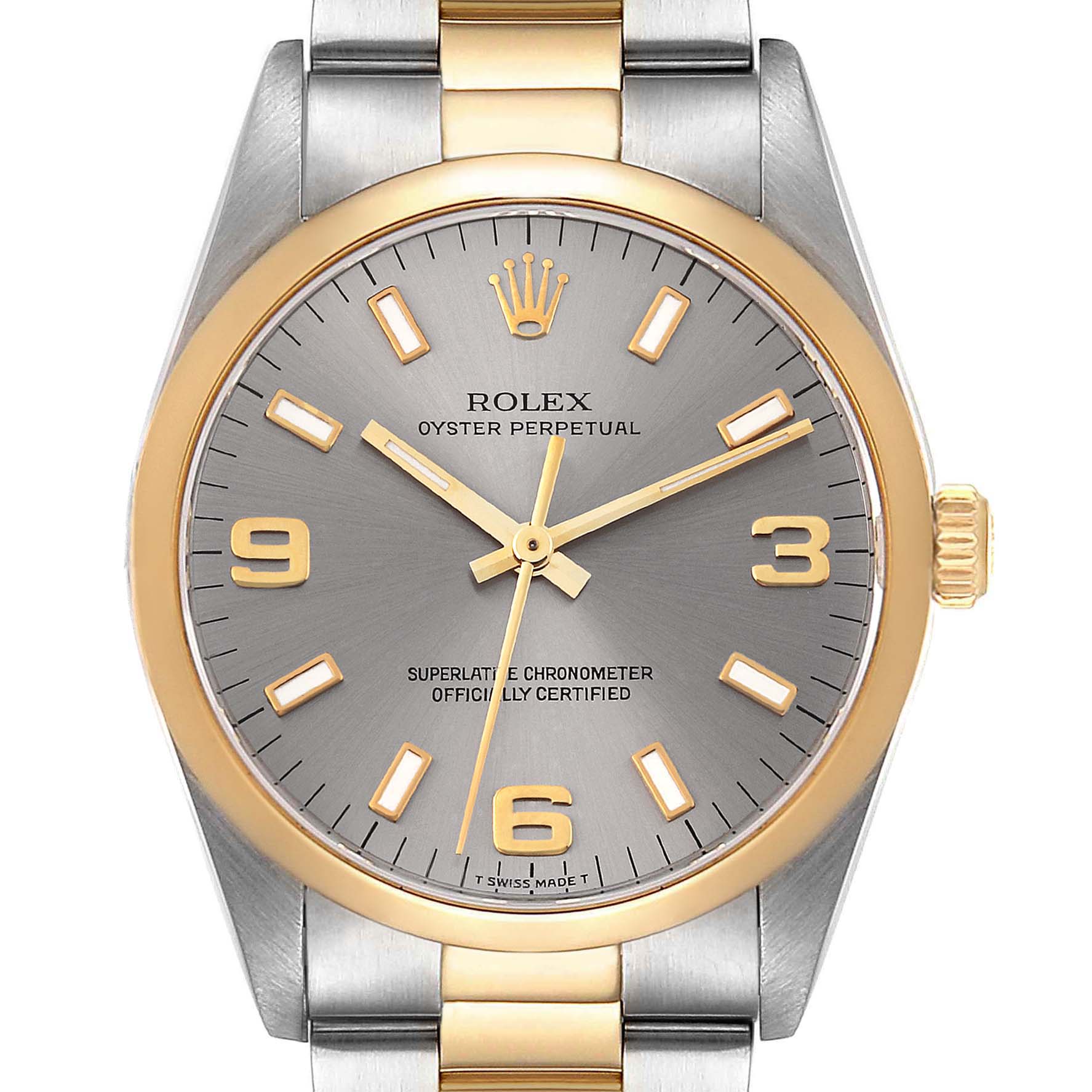 The image shows a frontal view of a Rolex Oyster Perpetual 14203 Men's Steel and Gold (two tone) Grey Dial 14203 Men's Steel and Gold (two tone) Grey Dial watch, displaying its face, hands, and part of the metal bracelet.
