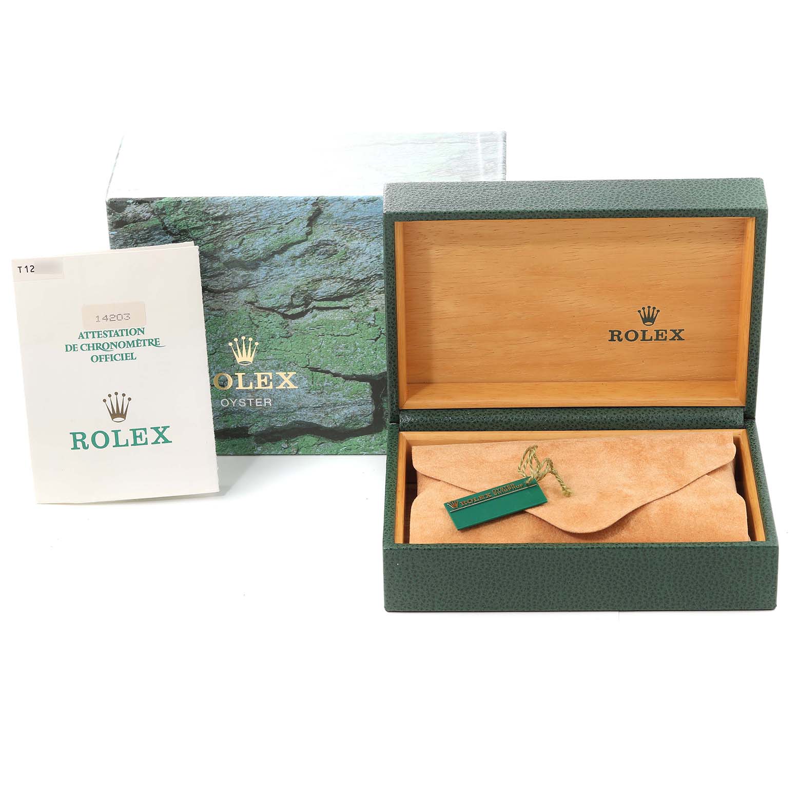The image shows the packaging and accessories of a Rolex Oyster Perpetual 14203 Men's Steel and Gold (two tone) Grey Dial 14203 Men's Steel and Gold (two tone) Grey Dial watch, including the box, a certificate, and a protective pouch.