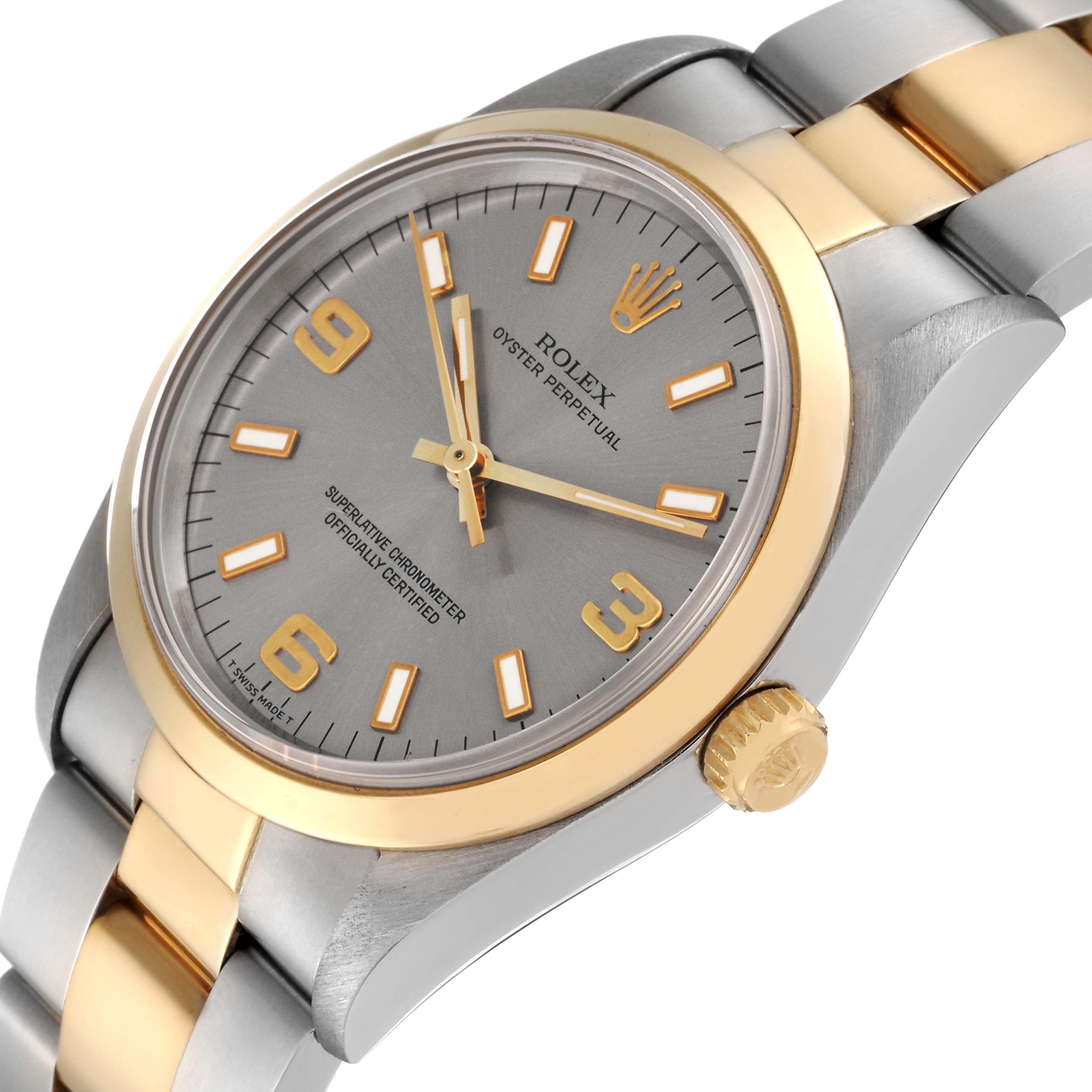The image shows a close-up angle of the Rolex Oyster Perpetual 14203 Men's Steel and Gold (two tone) Grey Dial 14203 Men's Steel and Gold (two tone) Grey Dial watch, focusing on the face, bezel, and part of the bracelet.