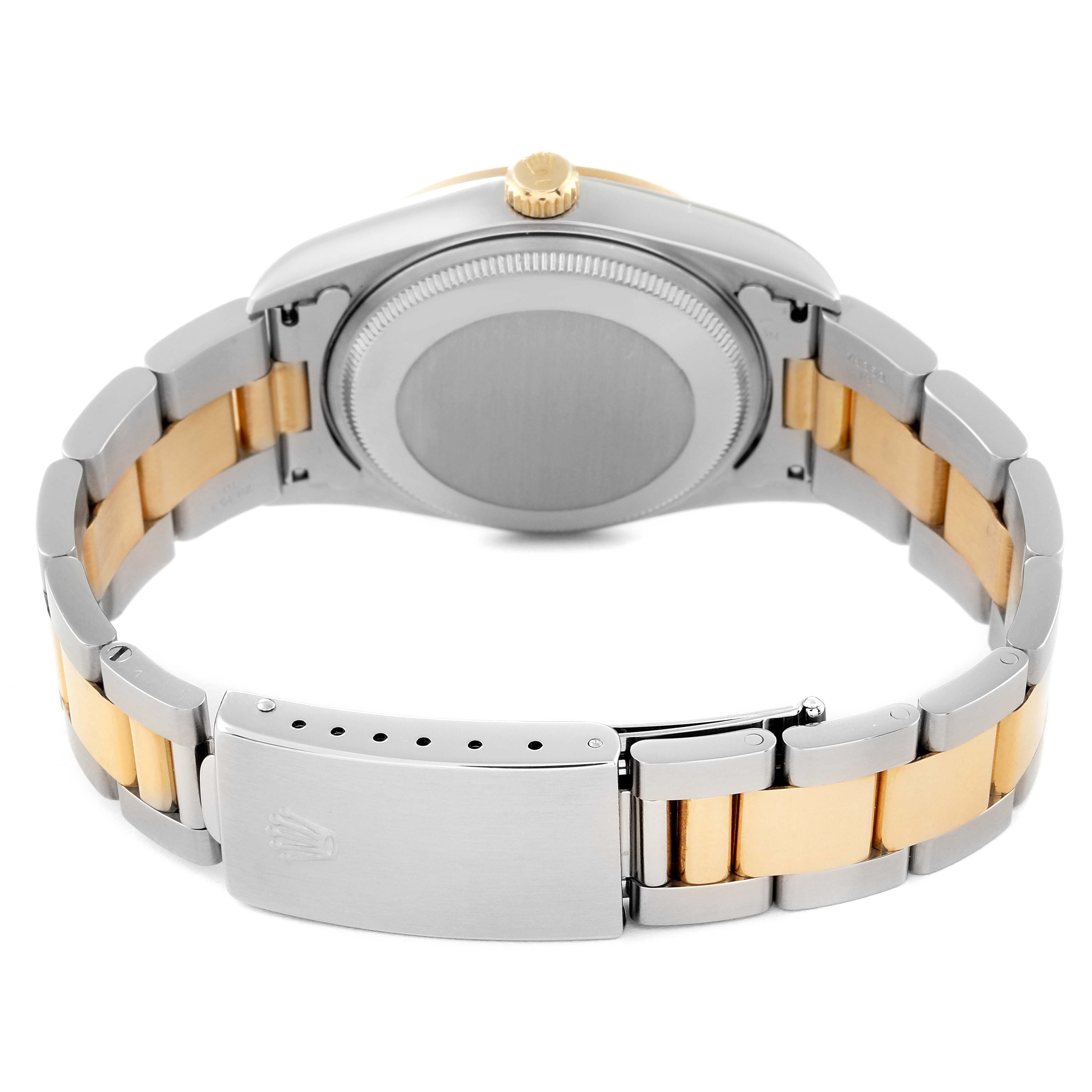 The Rolex Oyster Perpetual 14203 Men's Steel and Gold (two tone) Grey Dial 14203 Men's Steel and Gold (two tone) Grey Dial watch is shown from the rear, displaying the case back, bracelet, and clasp.