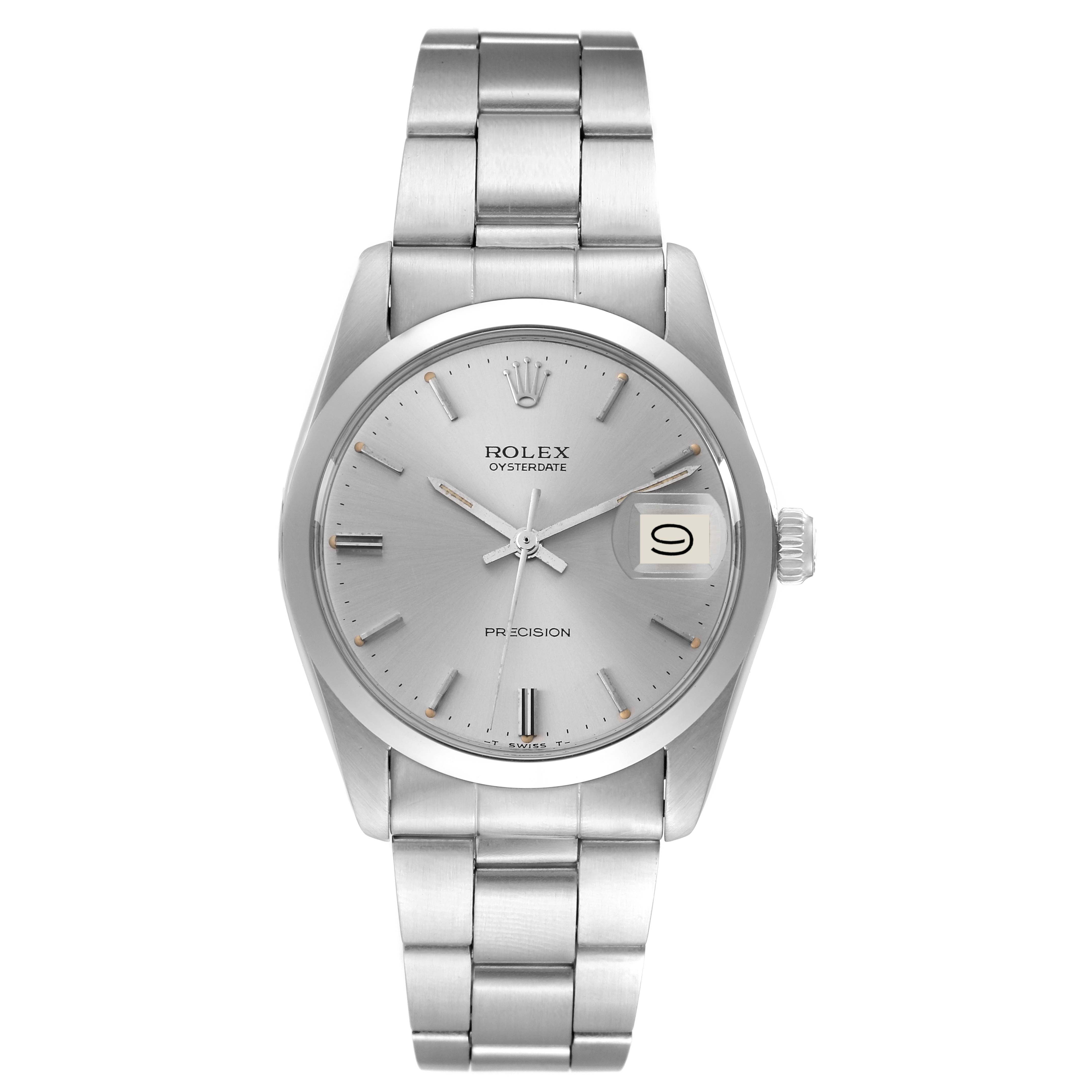 The Rolex Vintage Collection 6694 Men's Stainless Steel Silver Dial 6694 Men's Stainless Steel Silver Dial model is shown from a front angle, displaying its silver dial, hands, markers, date window, and stainless steel bracelet.