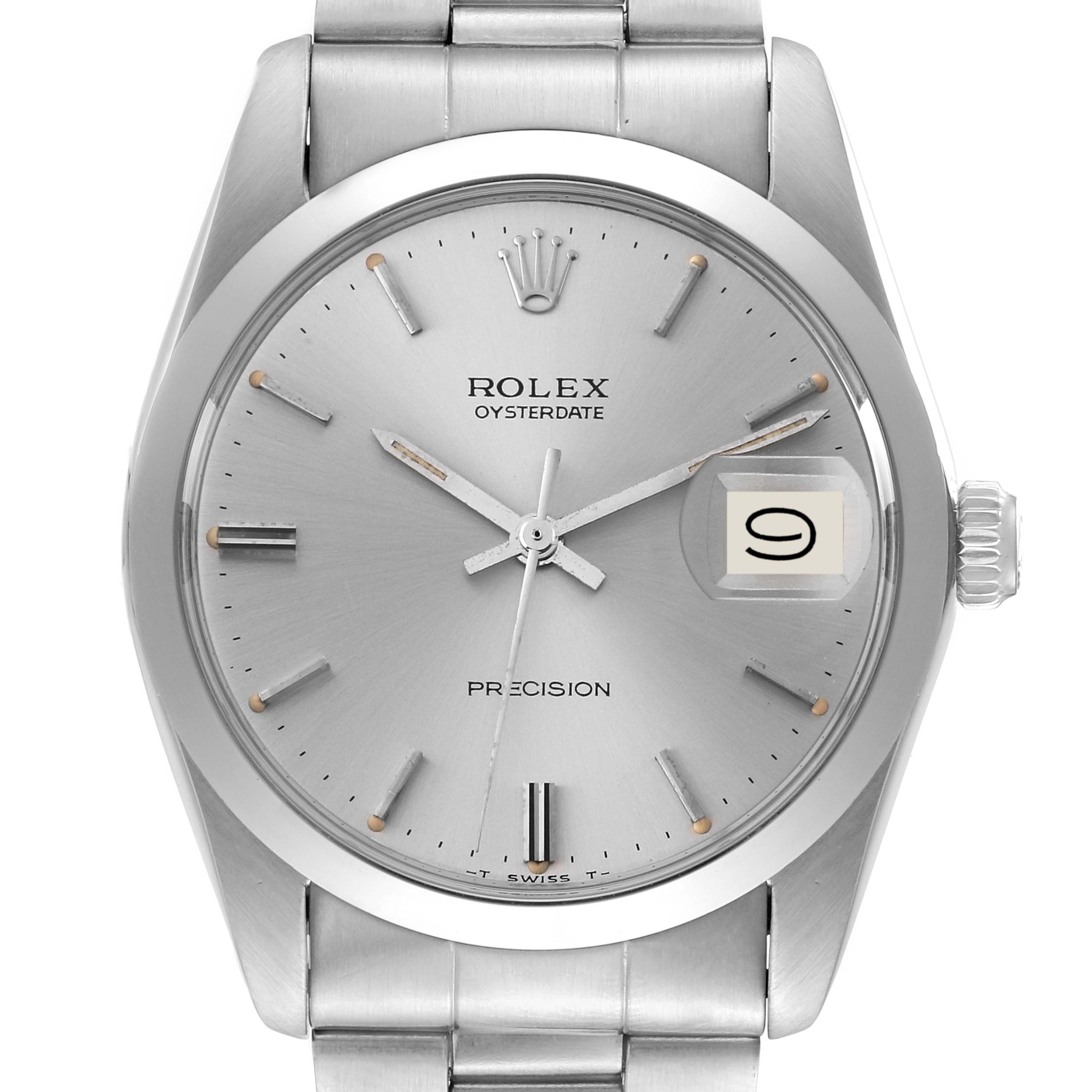 The image shows a front view of the Rolex Vintage Collection 6694 Men's Stainless Steel Silver Dial 6694 Men's Stainless Steel Silver Dial model, highlighting the dial, hands, date window, and bracelet.