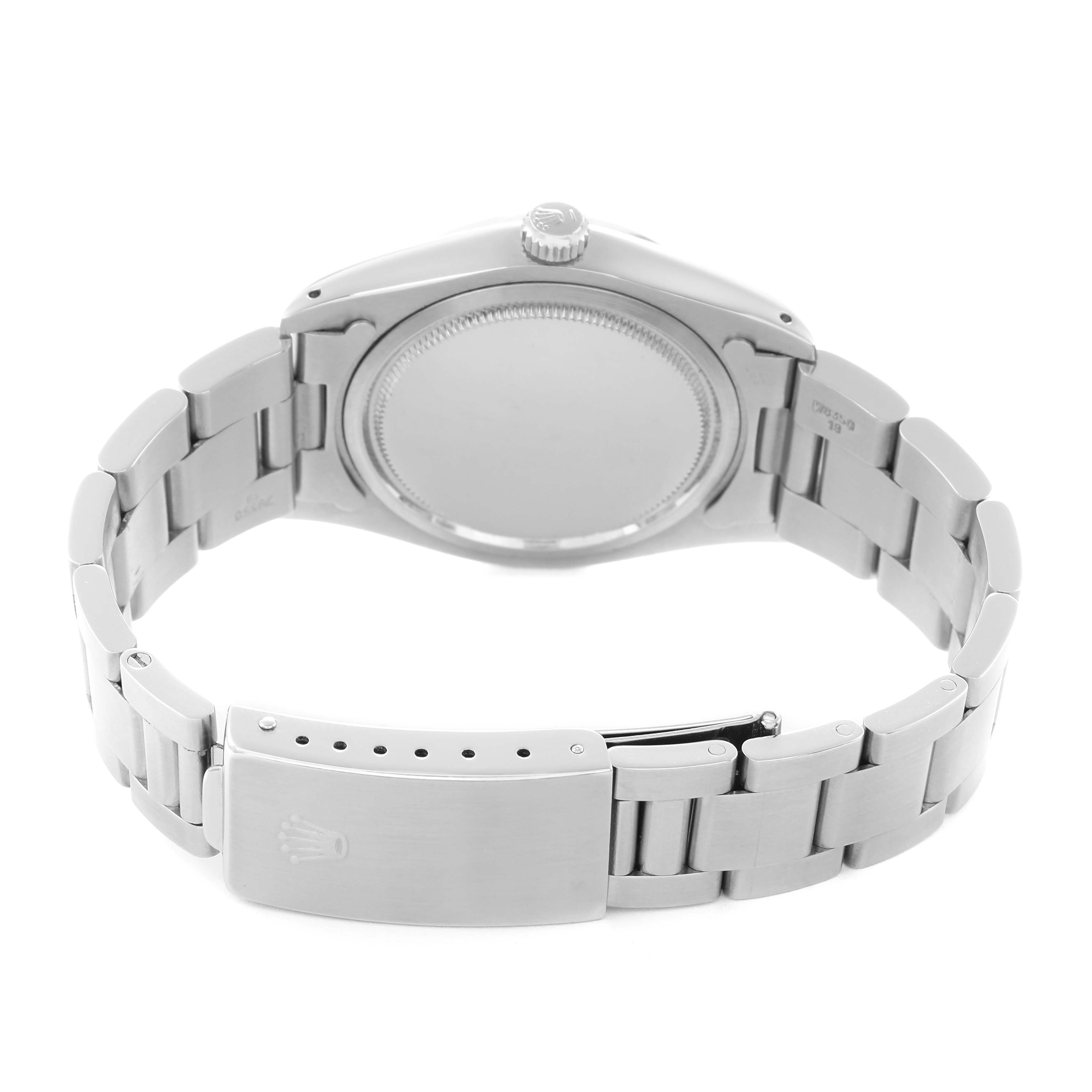 The Rolex Vintage Collection 6694 Men
s Stainless Steel Silver Dial 6694 Men
s Stainless Steel Silver Dial watch is shown from the back, highlighting the case back and the bracelet with the clasp.