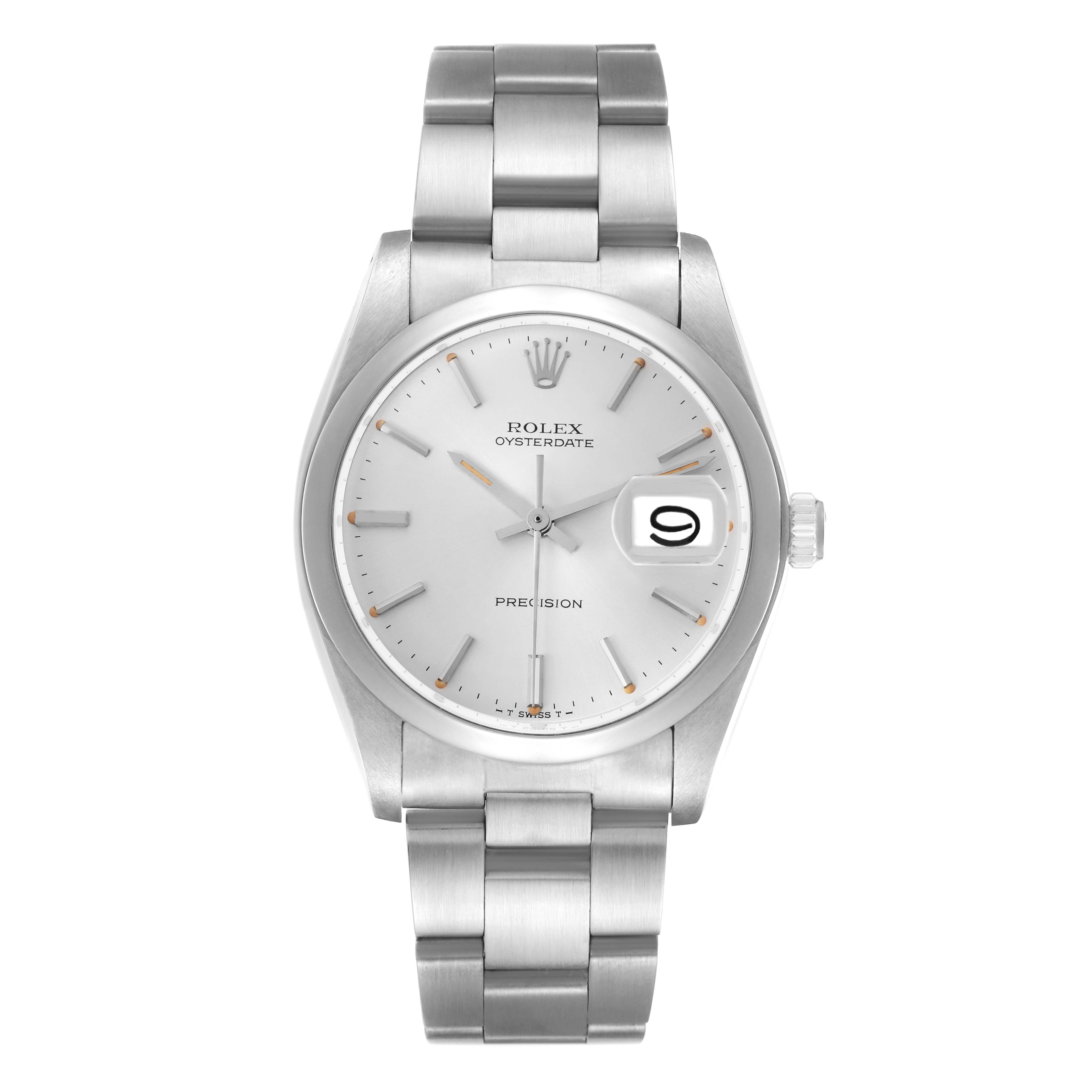 The Rolex Vintage Collection 6694 Men
s Stainless Steel Silver Dial 6694 Men
s Stainless Steel Silver Dial watch is shown from the front, displaying its face, bracelet, and magnified date.