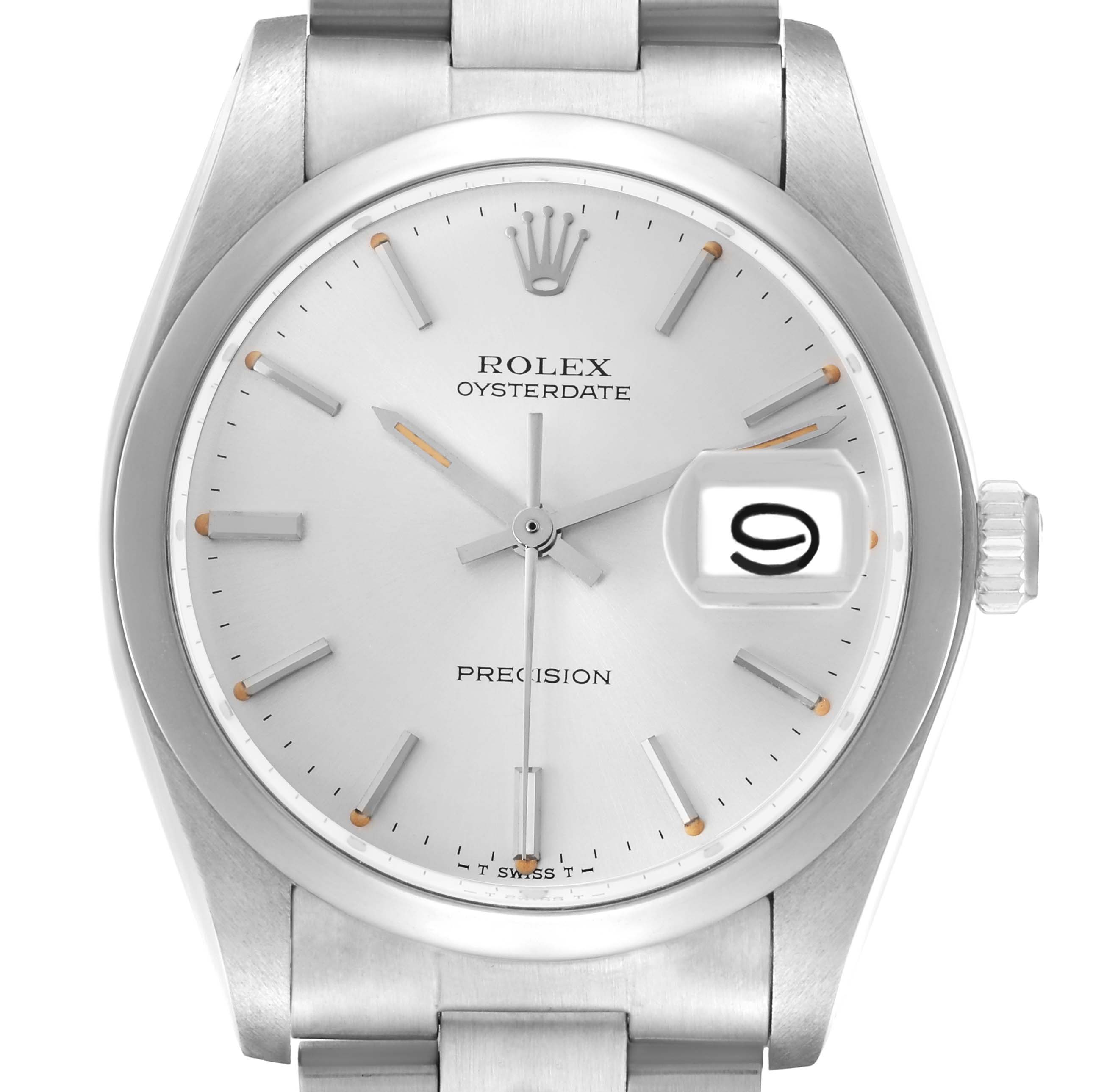 The Rolex Vintage Collection 6694 Men
s Stainless Steel Silver Dial 6694 Men
s Stainless Steel Silver Dial watch is shown from a front view, highlighting the dial, hands, brand logo, and date magnifier.