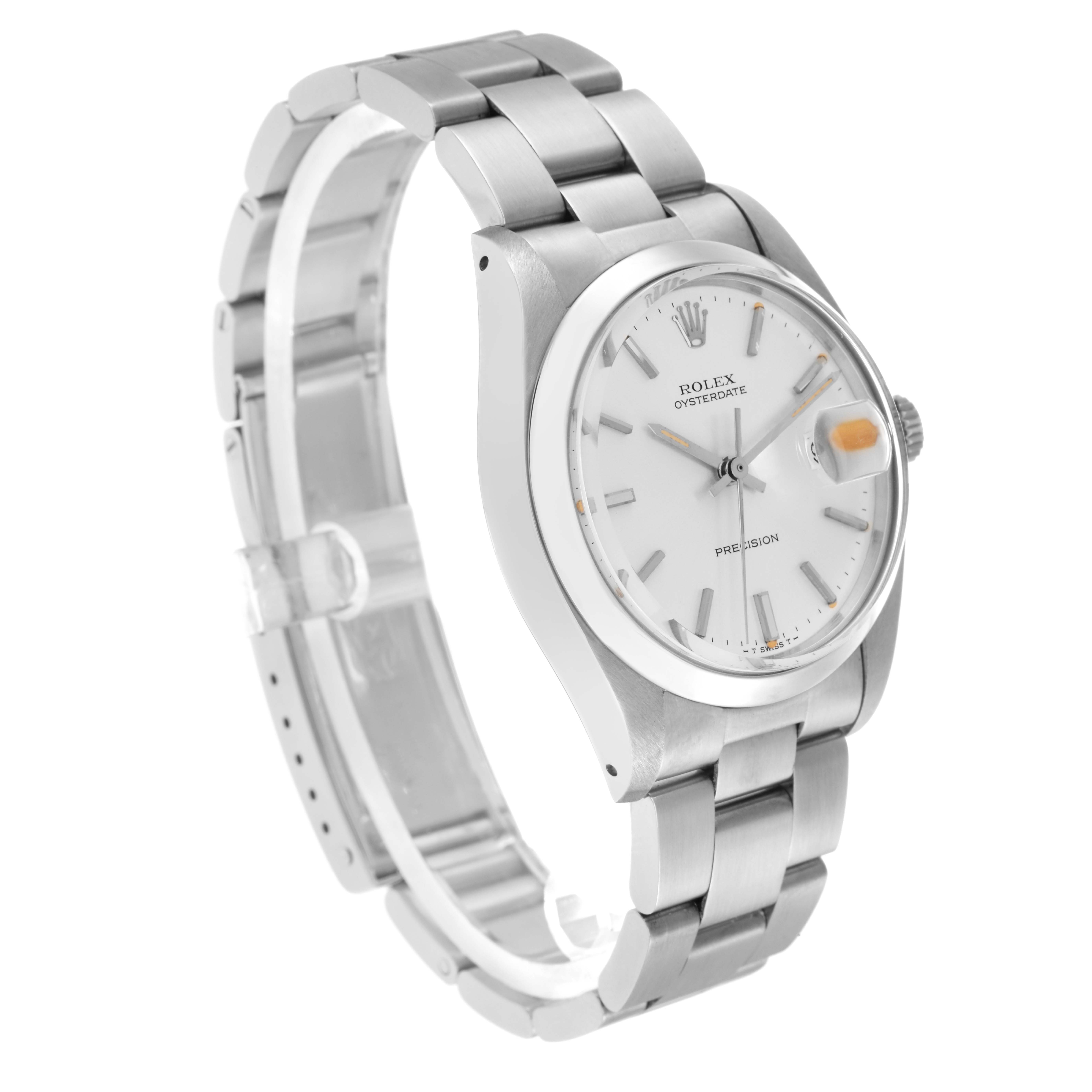 The Rolex Vintage Collection 6694 Men
s Stainless Steel Silver Dial 6694 Men
s Stainless Steel Silver Dial watch is shown from a slight angled side view, highlighting the dial, bezel, case, and bracelet.