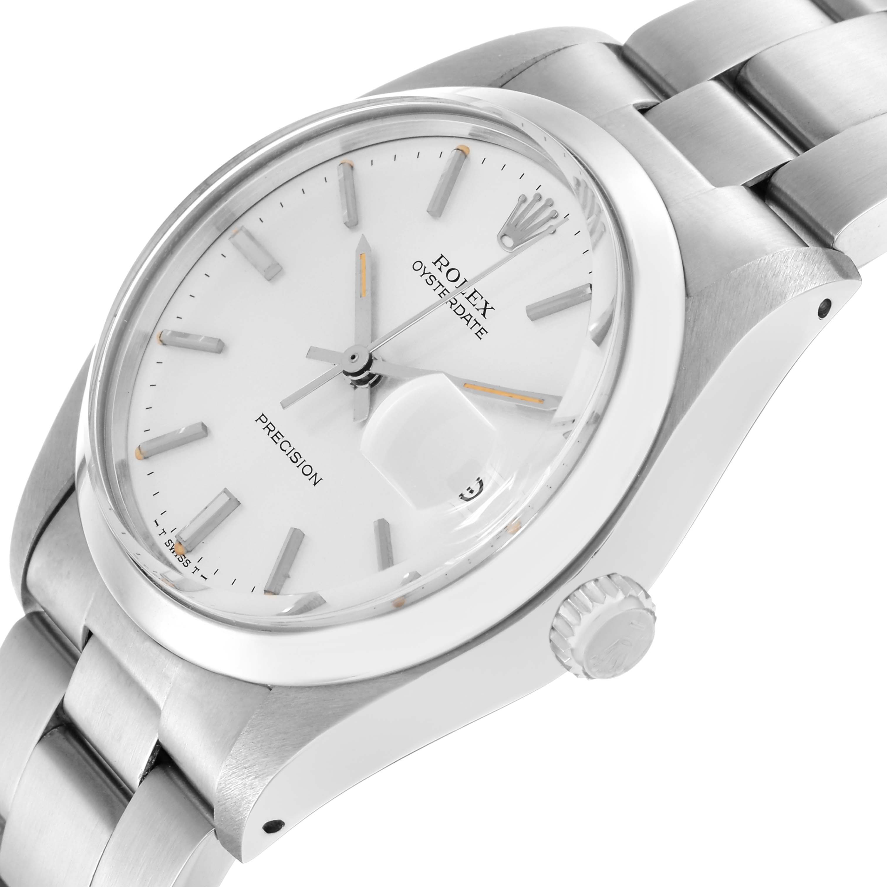 The Rolex Vintage Collection 6694 Men
s Stainless Steel Silver Dial 6694 Men
s Stainless Steel Silver Dial watch is shown from a tilted angle, highlighting the dial, bezel, crown, and part of the bracelet.