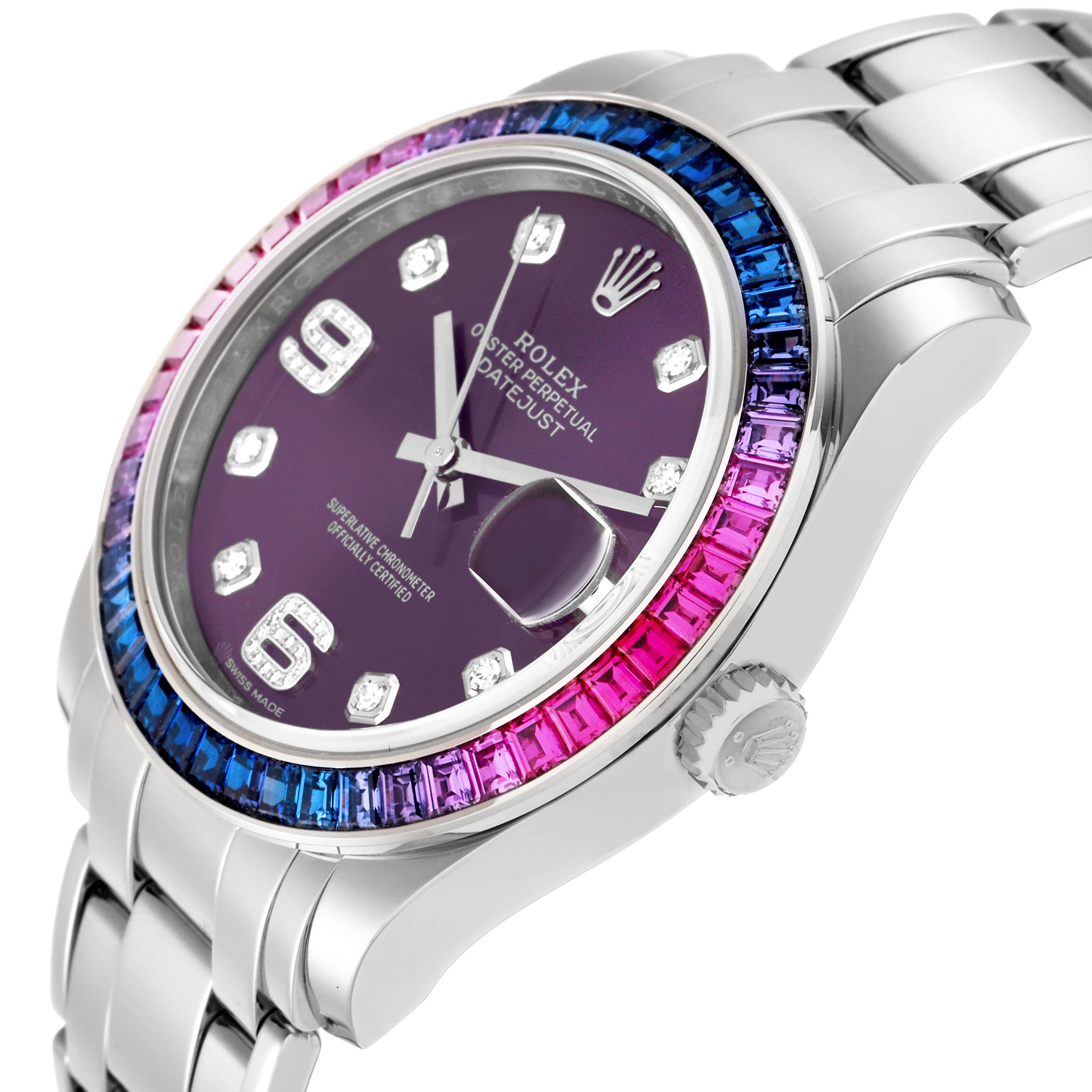 The image shows a Rolex Pearlmaster 86349SAFUBL Men
s White Gold Red Dial 86349SAFUBL Men
s White Gold Red Dial watch from an angled side view, highlighting the colorful bezel and purple dial.