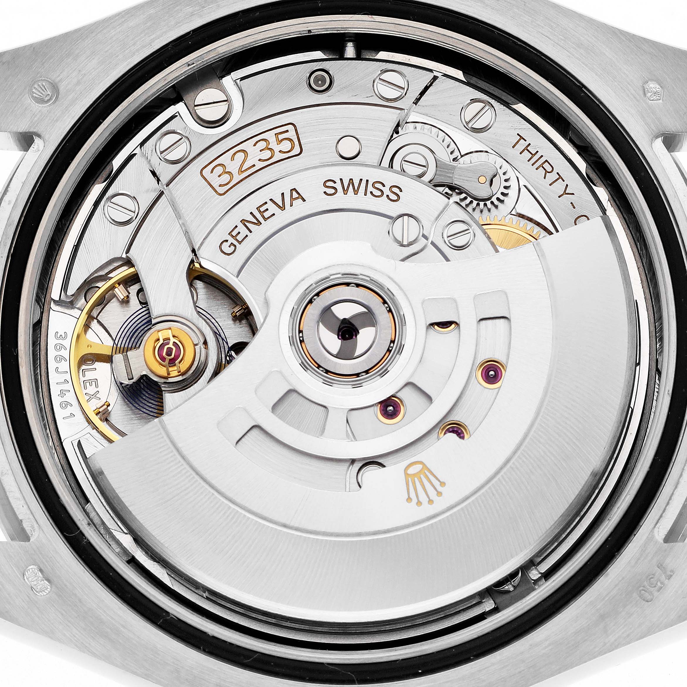 The image shows the movement of a Rolex Pearlmaster 86349SAFUBL Men
s White Gold Red Dial 86349SAFUBL Men
s White Gold Red Dial watch, highlighting the rotor and inner mechanics from a top-down angle.