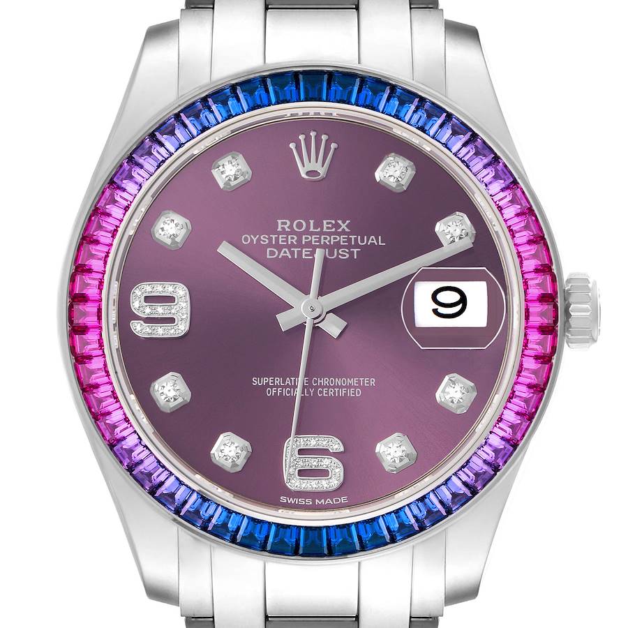 The Rolex Pearlmaster watch is shown from the front, highlighting its dial, gem-set bezel, and part of the bracelet.