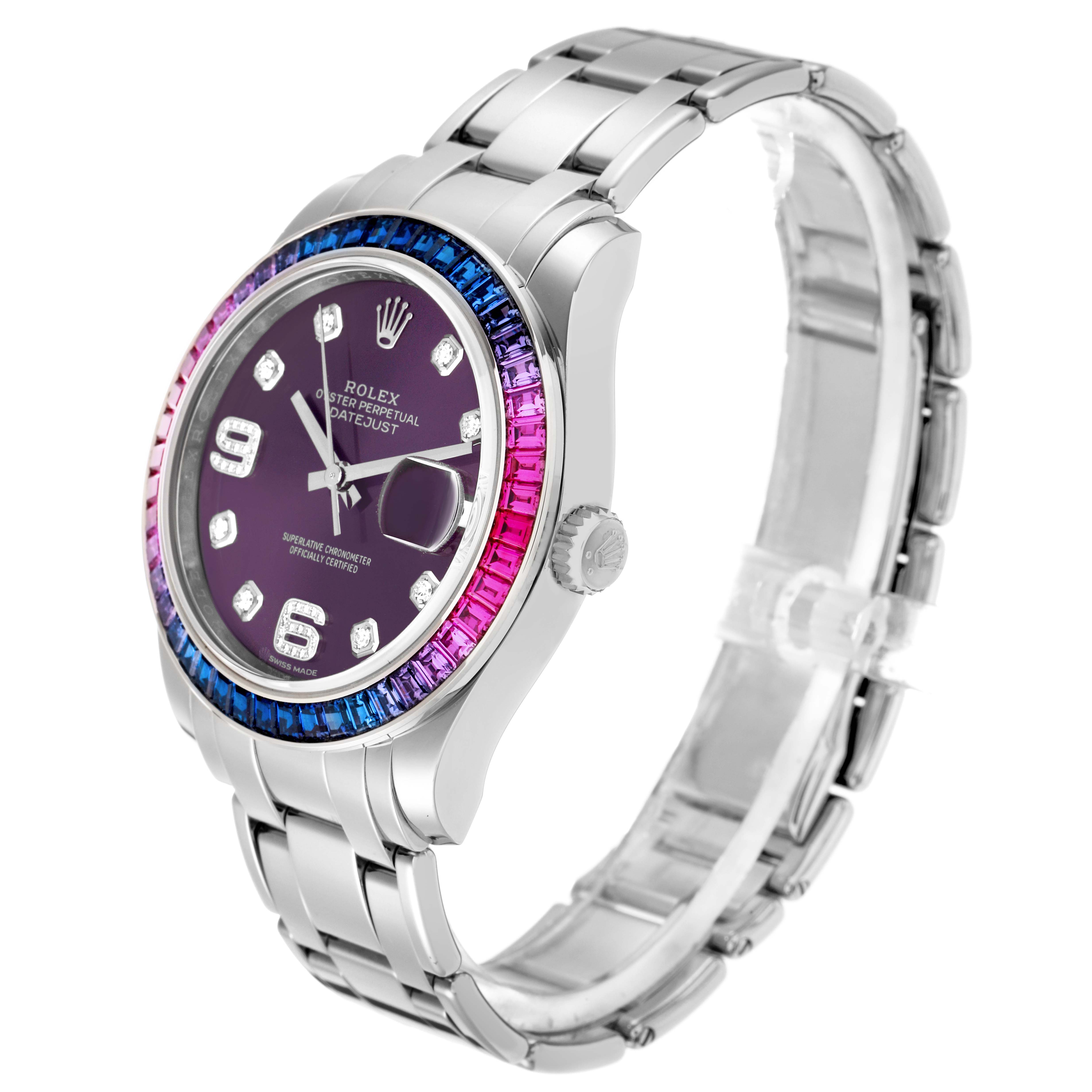 The Rolex Pearlmaster 86349SAFUBL Men
s White Gold Red Dial 86349SAFUBL Men
s White Gold Red Dial watch is shown at an angled side view, highlighting the bezel, dial, crown, and bracelet.