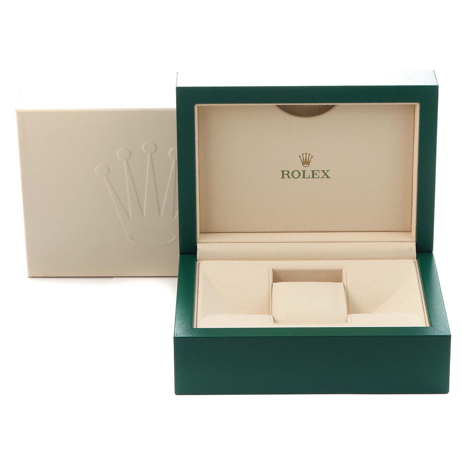 The image shows an open Rolex Pearlmaster 86349SAFUBL Men
s White Gold Red Dial 86349SAFUBL Men
s White Gold Red Dial watch box from the front, with the interior and exterior casing visible.