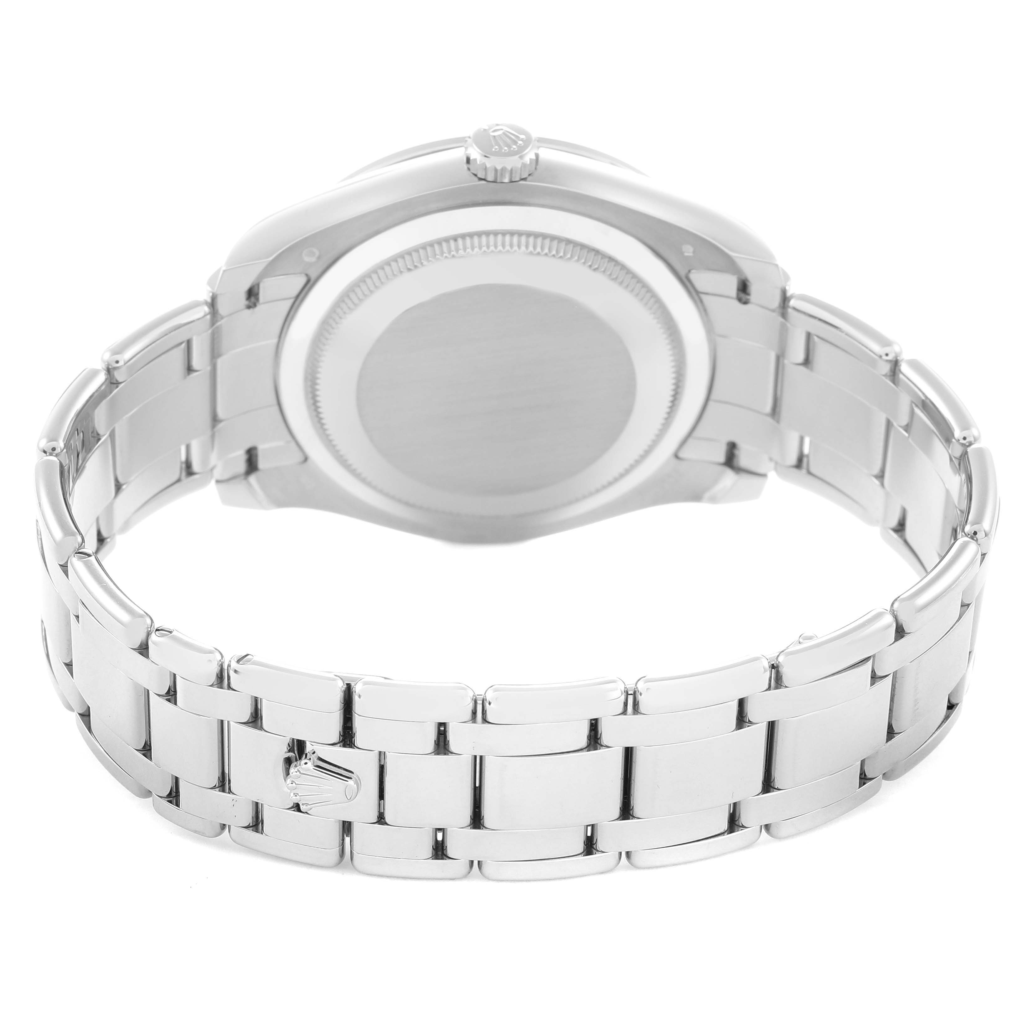 The image shows the back view of a Rolex Pearlmaster 86349SAFUBL Men
s White Gold Red Dial 86349SAFUBL Men
s White Gold Red Dial, highlighting the case back and polished bracelet.