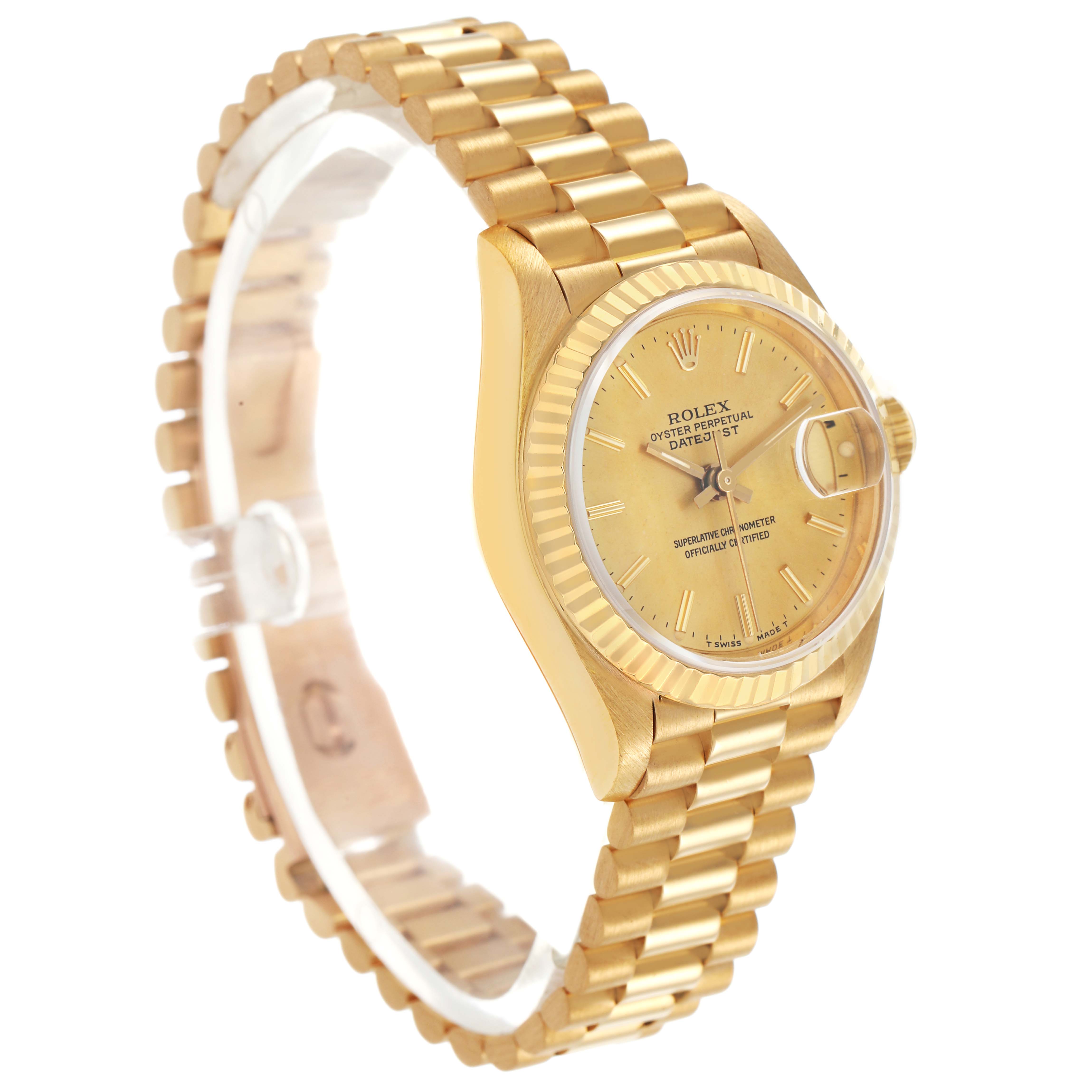 The photo shows a side angle of the Rolex President 69178 Women's Yellow Gold Champagne Dial model, highlighting the gold bracelet, dial, and bezel.
