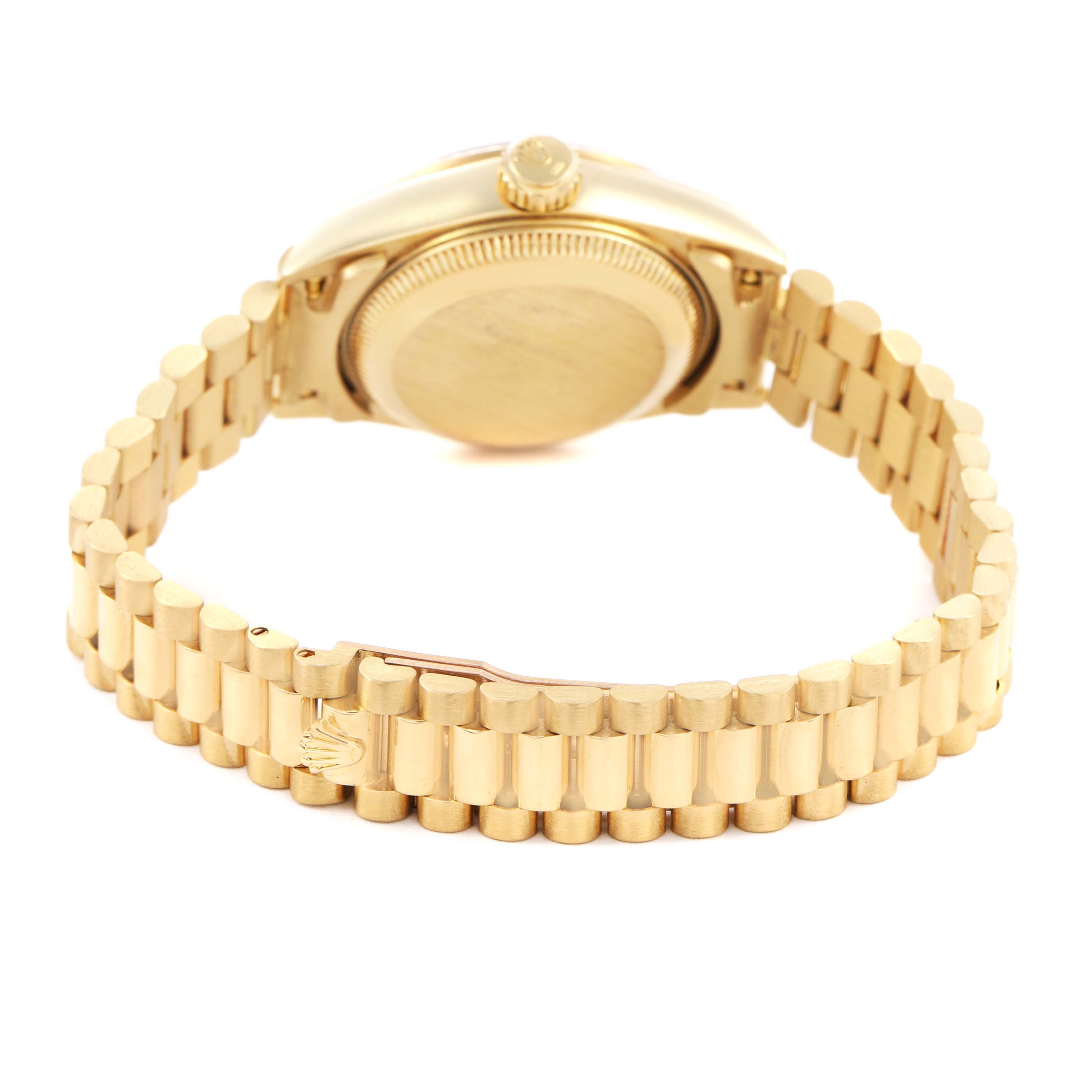 The Rolex President 69178 Women's Yellow Gold Champagne Dial watch is shown from the back, highlighting the bracelet and clasp with the crown logo.