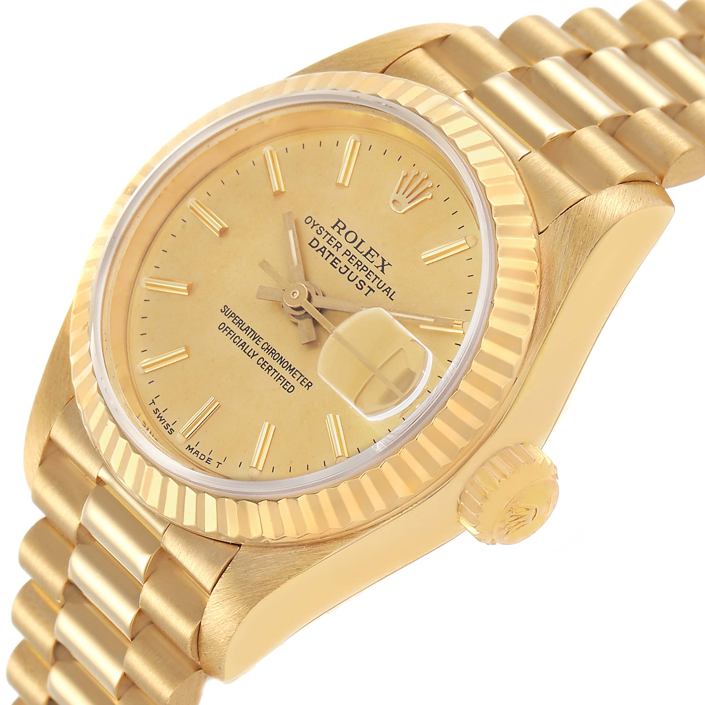 The Rolex President 69178 Women's Yellow Gold Champagne Dial watch is shown at an angled view, highlighting the dial, bezel, crown, and part of the bracelet.