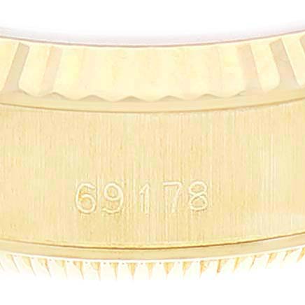 This image shows the side profile of the Rolex President 69178 Women's Yellow Gold Champagne Dial model watch, focusing on the engraved reference number.