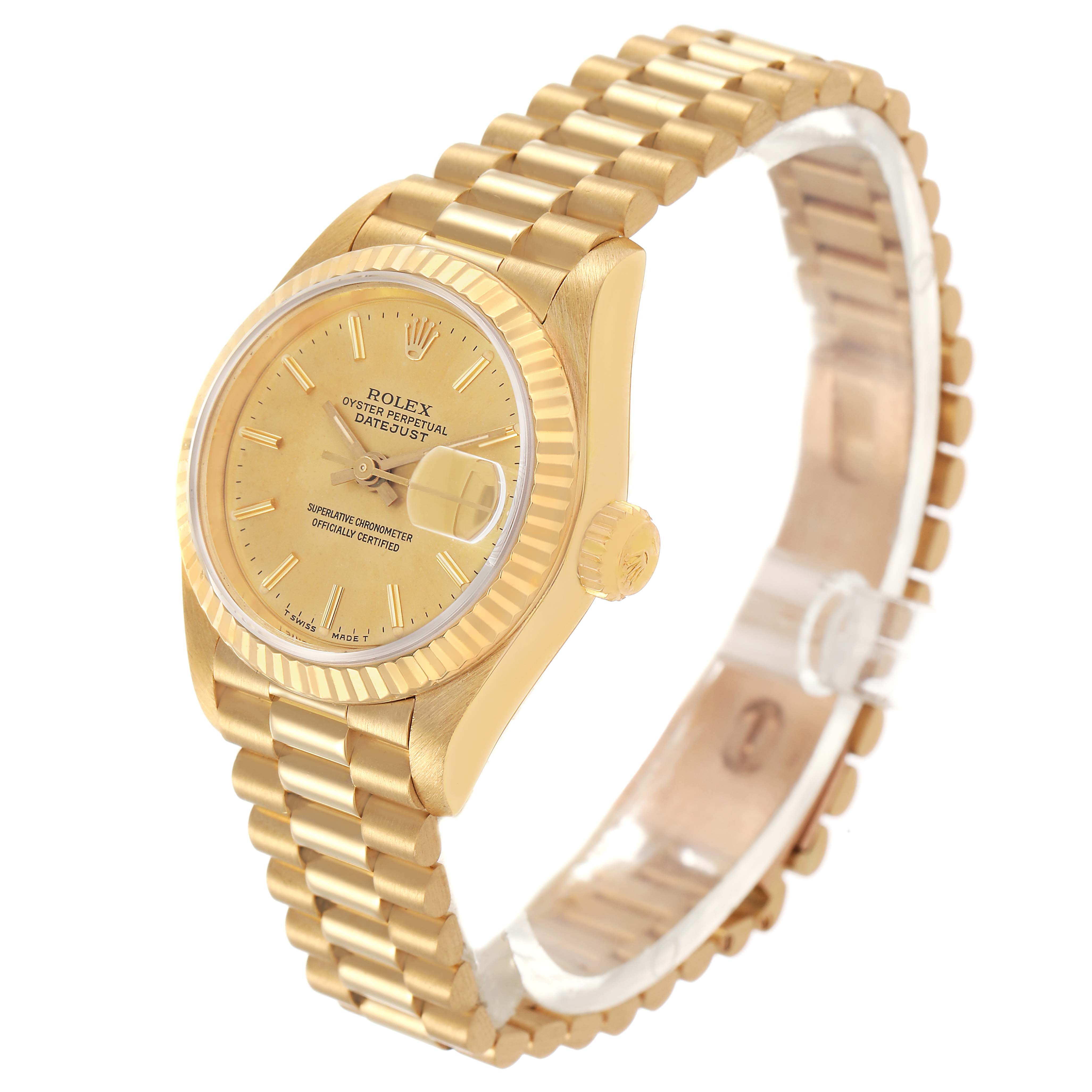 The Rolex President 69178 Women's Yellow Gold Champagne Dial model is shown from a slight angled side view, displaying the face, bezel, crown, and bracelet.