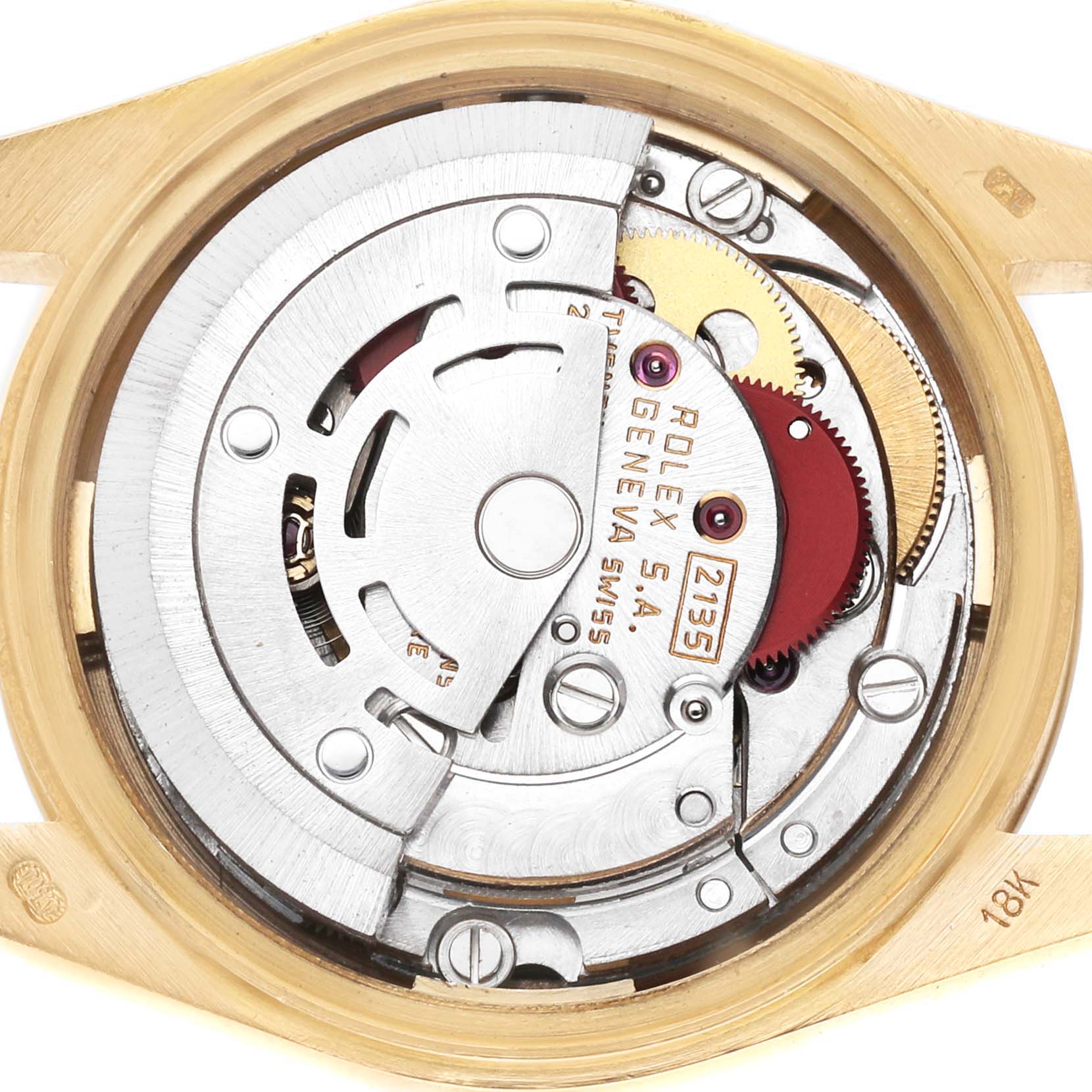 The image shows the movement of a Rolex President 69178 Women's Yellow Gold Champagne Dial model watch from a top-down angle, highlighting gears and inscriptions.