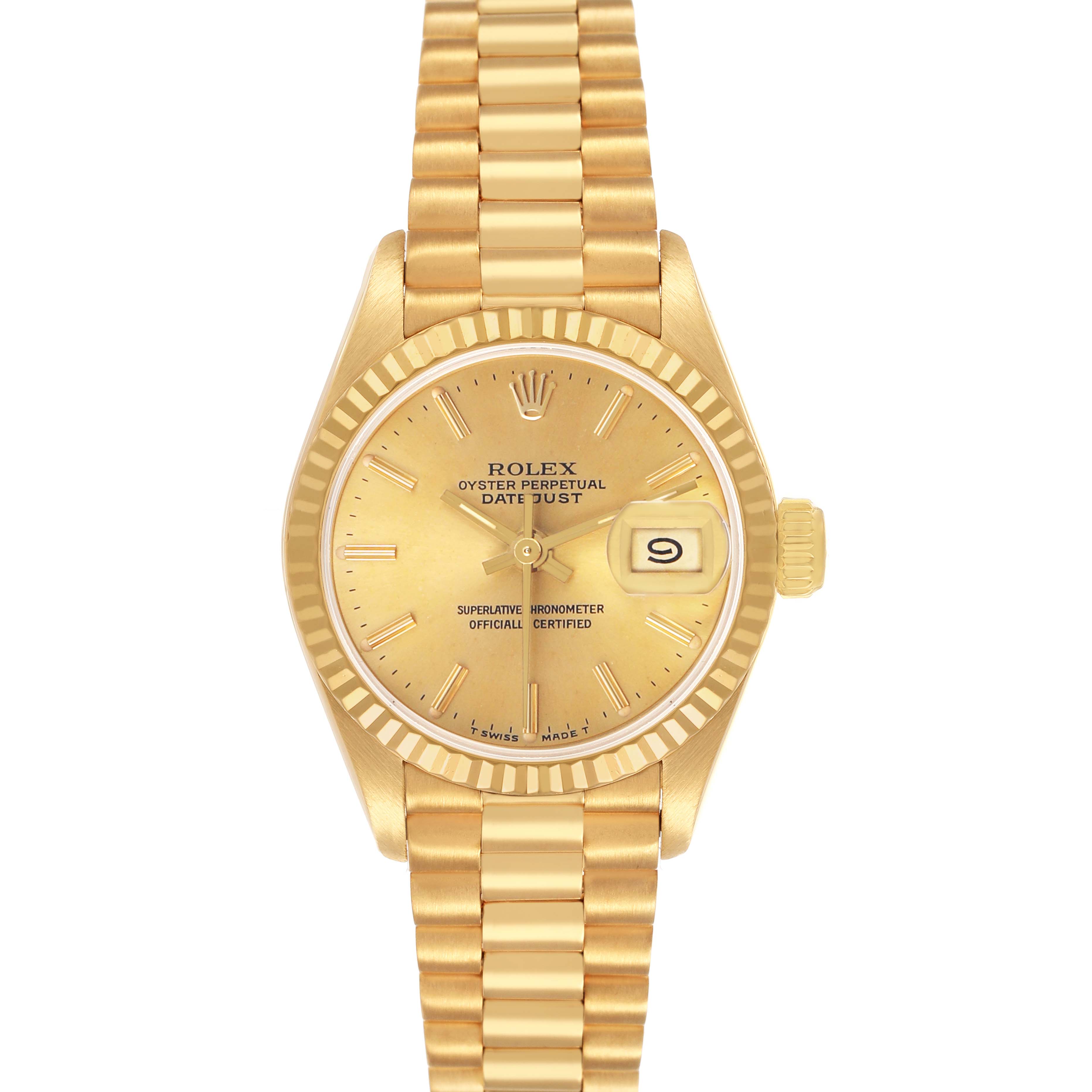 The Rolex President 69178 Women's Yellow Gold Champagne Dial model is shown from a top-down angle, highlighting the gold dial, date window, and bracelet.
