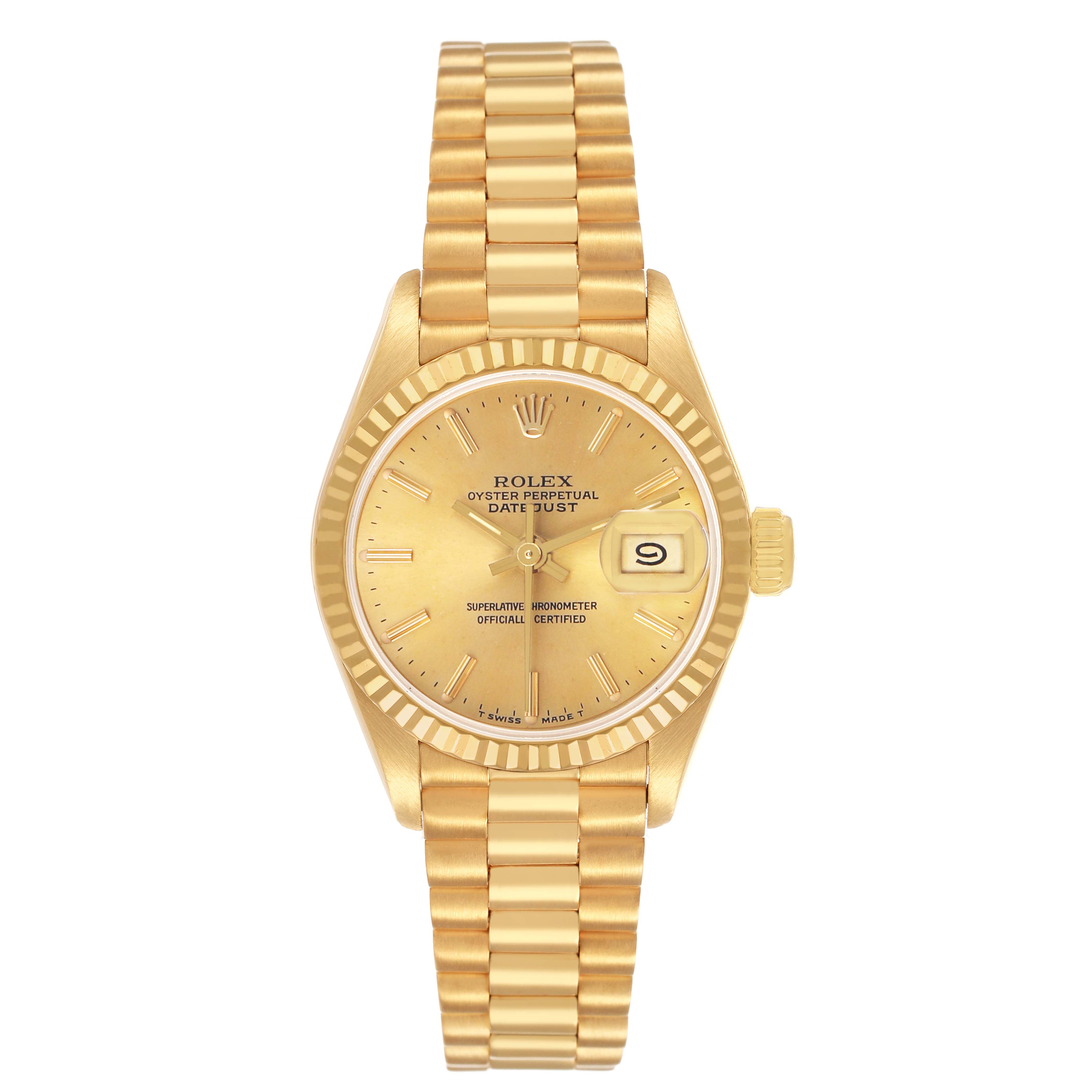 The Rolex President 69178 Women's Yellow Gold Champagne Dial model is shown from a top view, featuring the dial, bracelet, bezel, and date window.