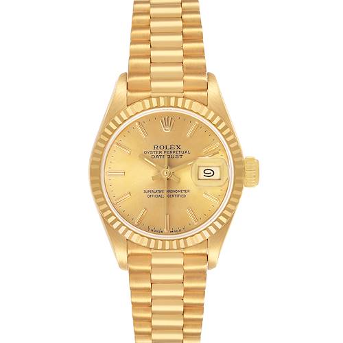The Rolex President 69178 Women's Yellow Gold Champagne Dial model is shown from a top-down angle, displaying the dial, bracelet, and date window.