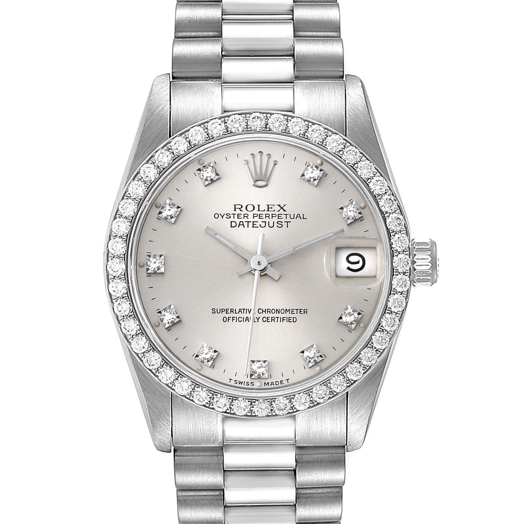 This image shows a front view of a Rolex President 68289 Women's White Gold Silver Dial 68289 Women's White Gold Silver Dial model watch, highlighting its bezel, dial, bracelet, and date window.