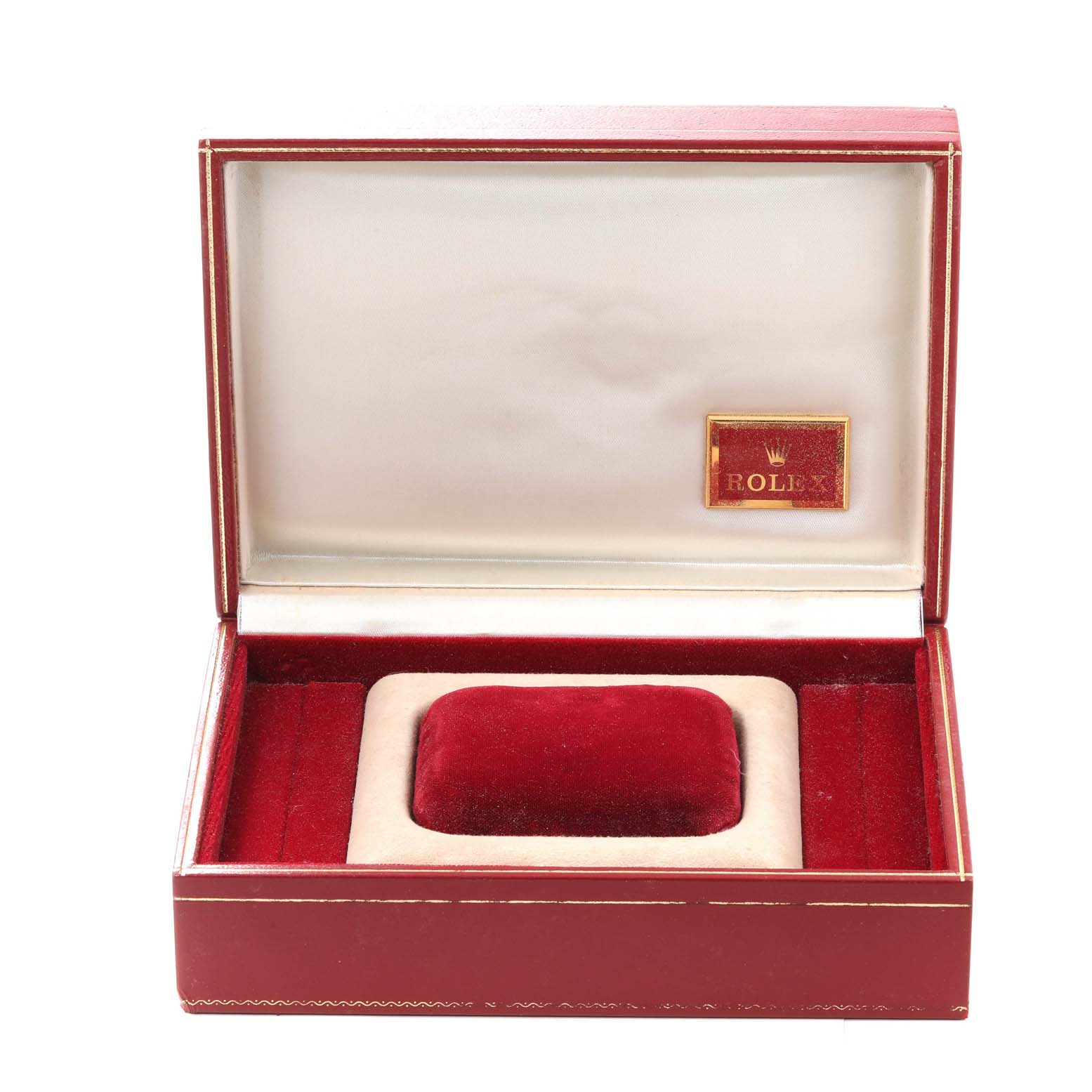 The image shows an open red Rolex President 68289 Women's White Gold Silver Dial 68289 Women's White Gold Silver Dial watch box with a velvet cushion inside.