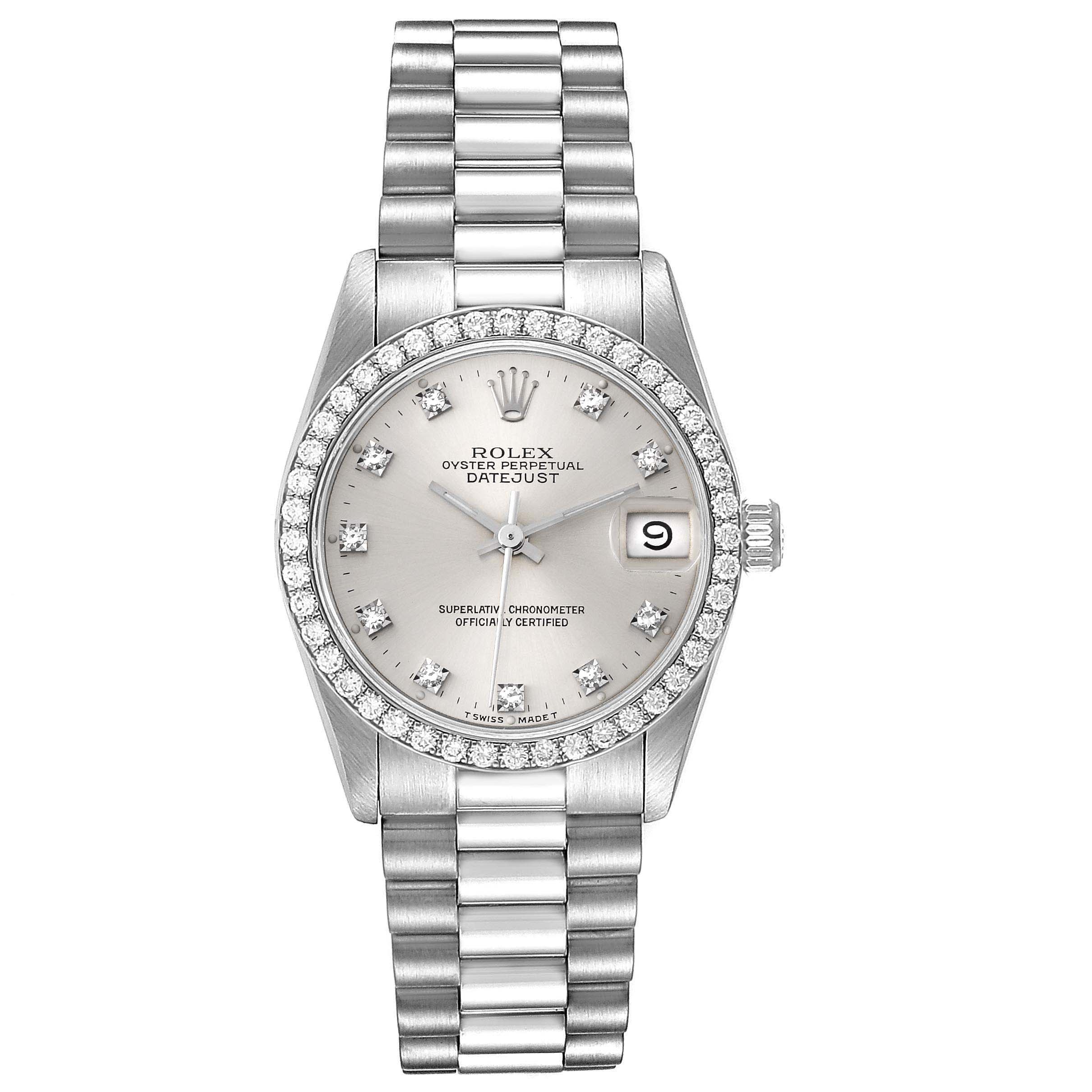 This image shows a Rolex President 68289 Women's White Gold Silver Dial 68289 Women's White Gold Silver Dial Datejust watch with a silver dial, diamond hour markers, and a Jubilee bracelet.