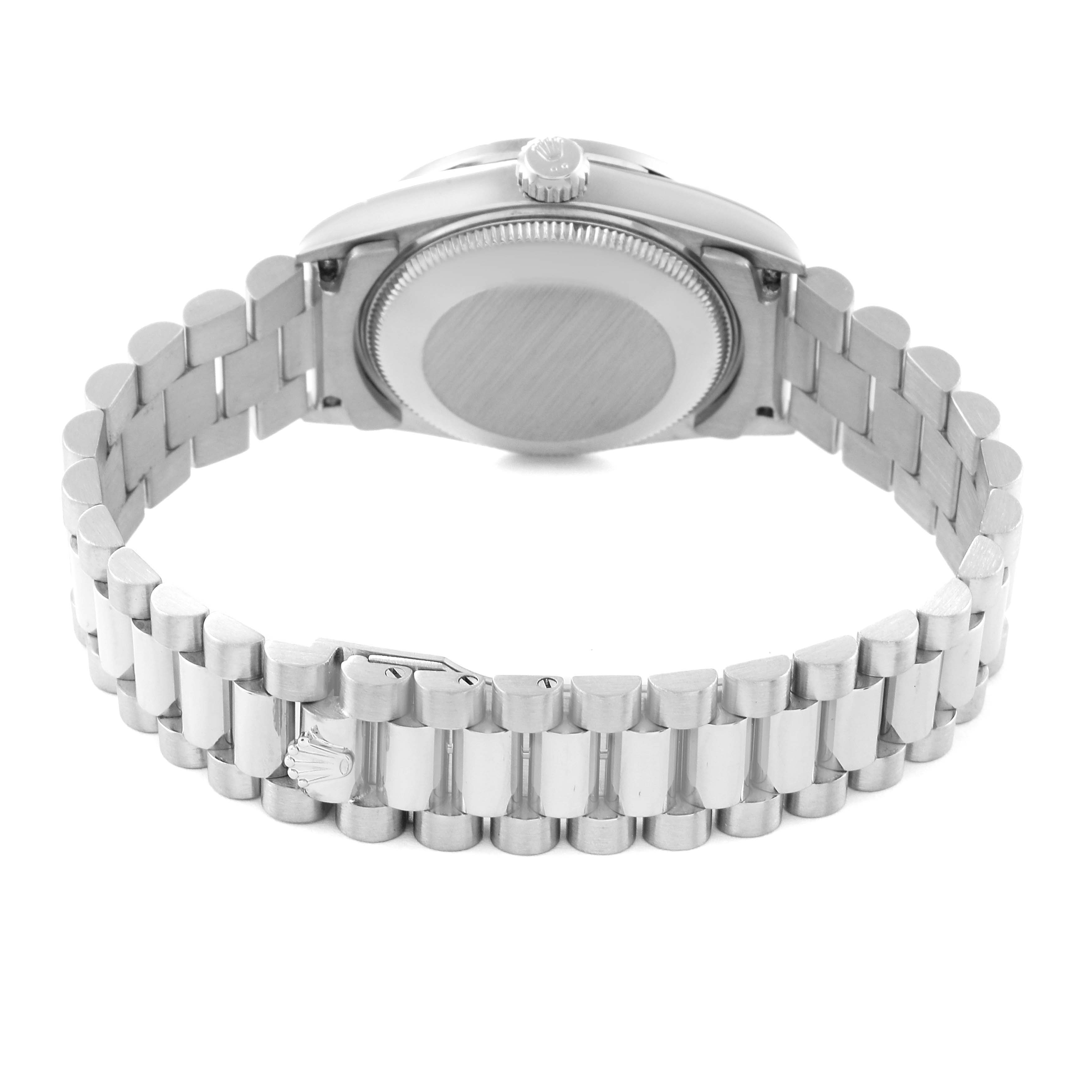 This image shows the back view of the Rolex President 68289 Women's White Gold Silver Dial 68289 Women's White Gold Silver Dial watch, including the case back and the bracelet.