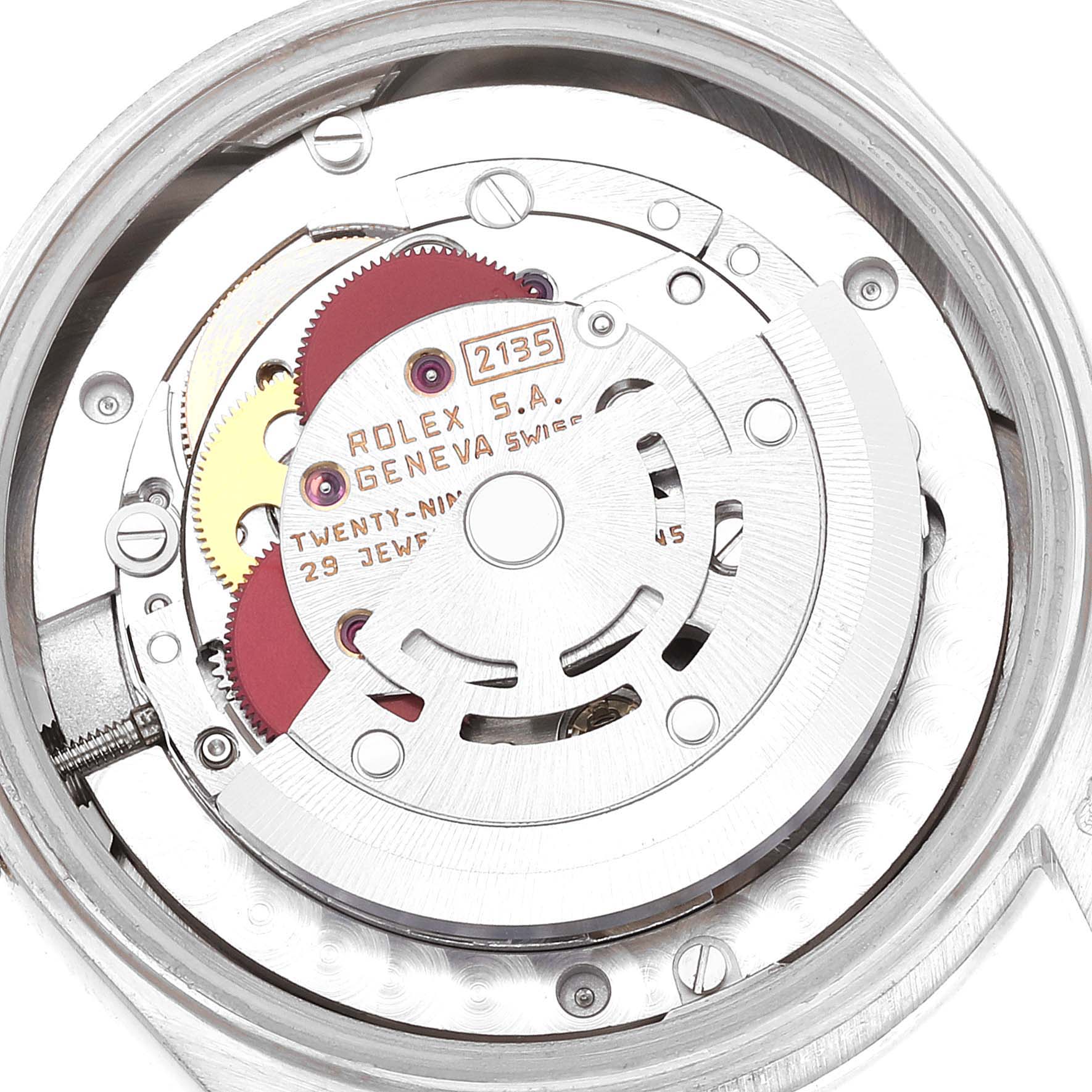 This image shows the internal mechanism and movement of a Rolex President 68289 Women's White Gold Silver Dial 68289 Women's White Gold Silver Dial model watch from a top view angle.