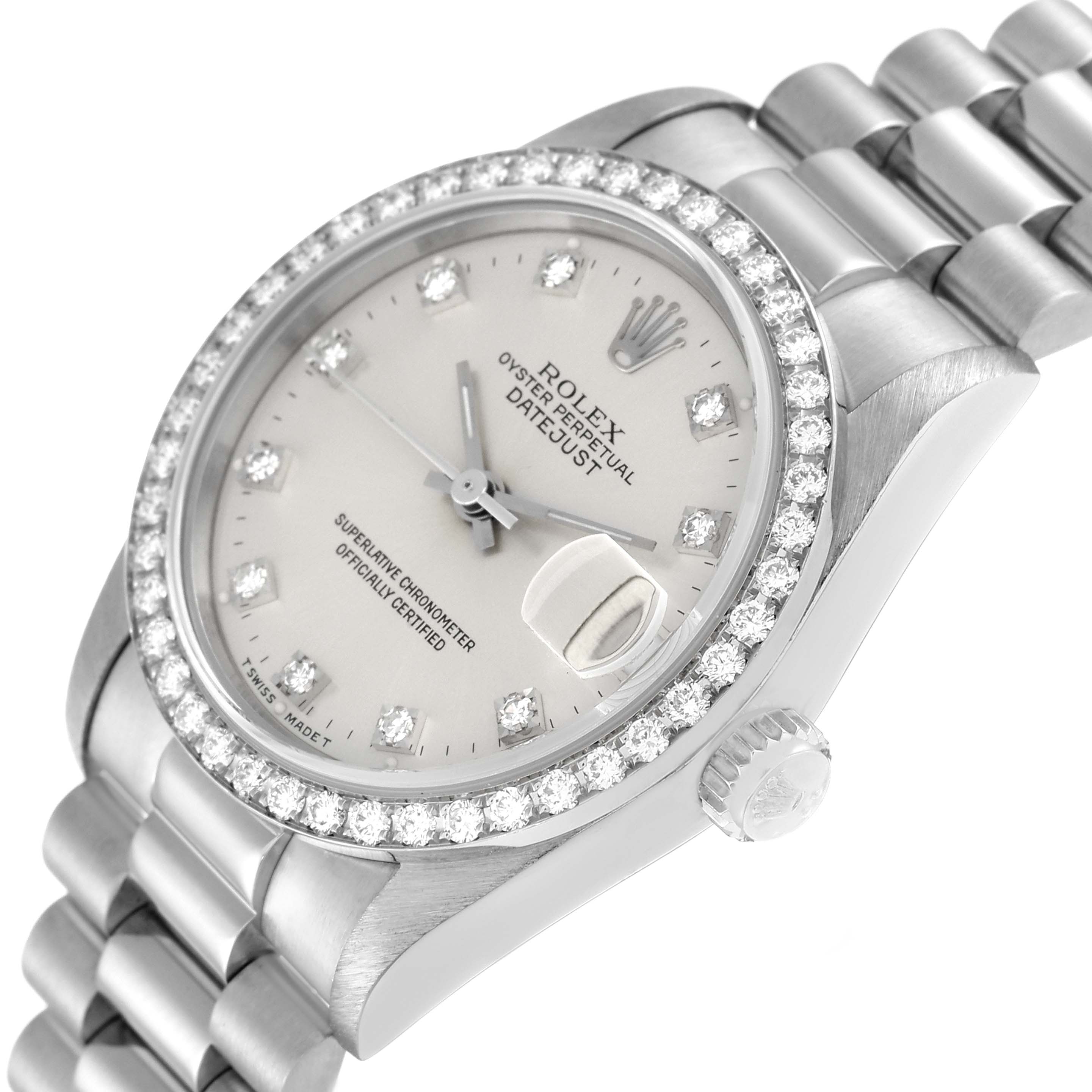 The image shows a Rolex President 68289 Women's White Gold Silver Dial 68289 Women's White Gold Silver Dial model watch at an angle, highlighting the face, bezel, and part of the bracelet.