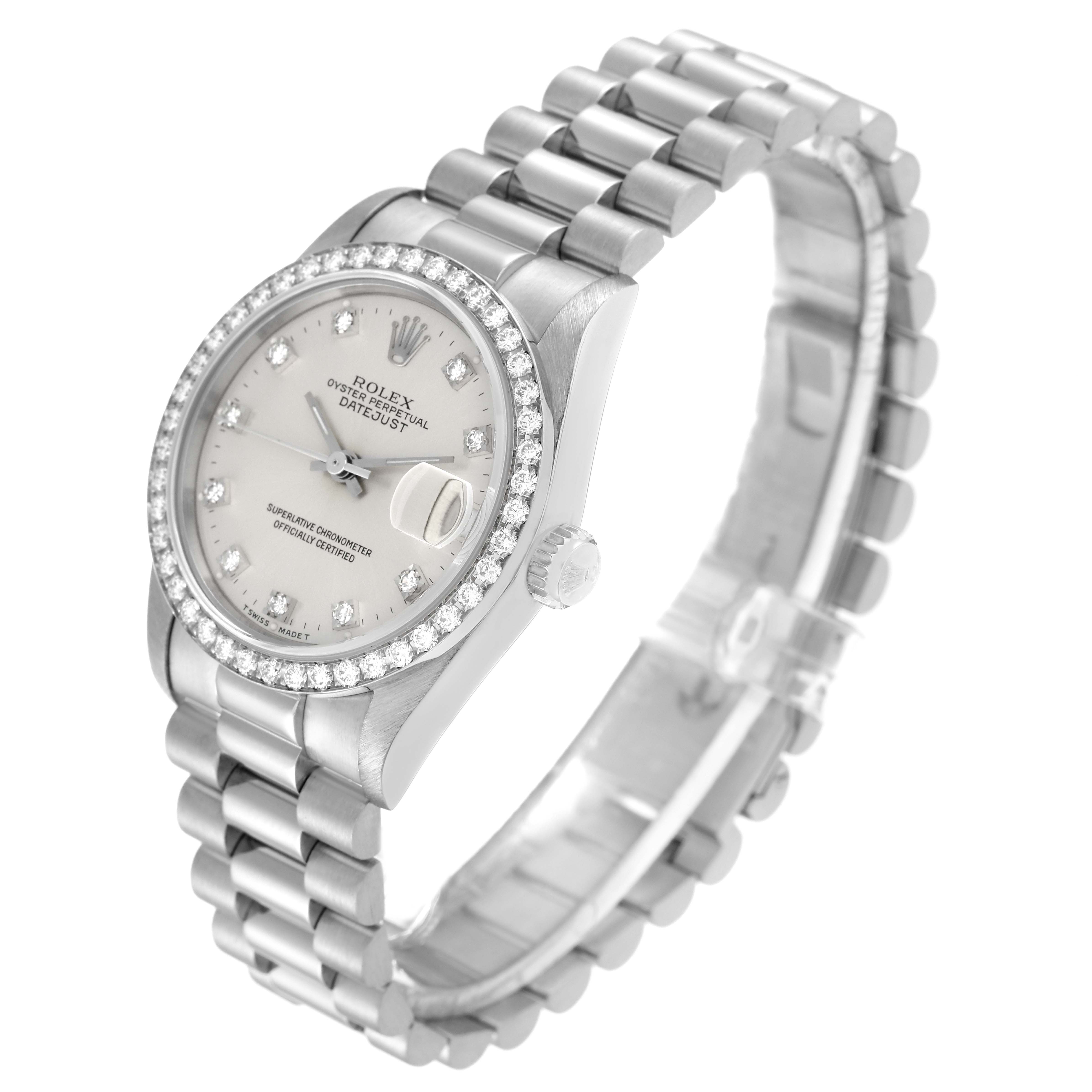 This image shows a Rolex President 68289 Women's White Gold Silver Dial 68289 Women's White Gold Silver Dial model watch at an angled view featuring the dial, bezel, crown, and bracelet.