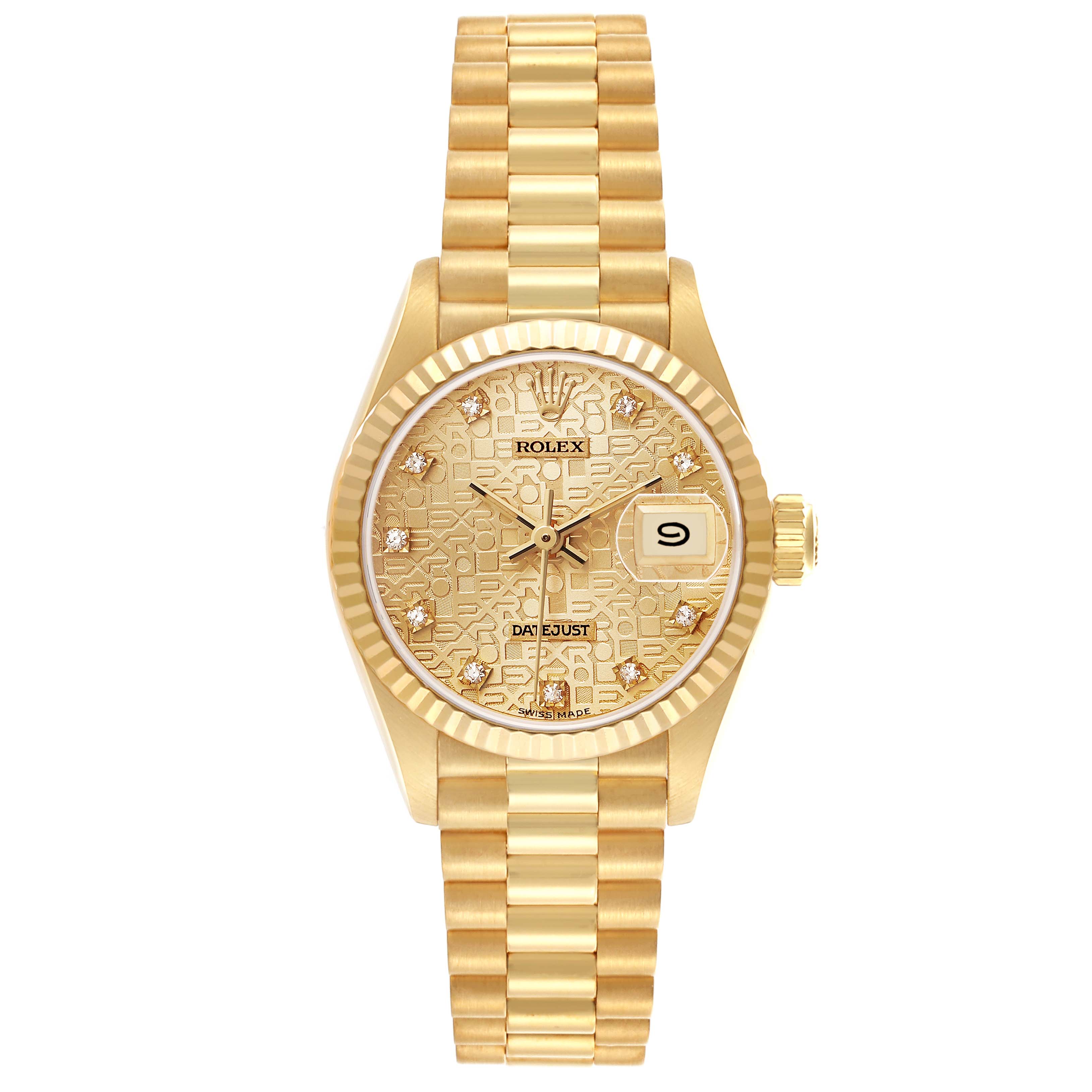 The Rolex President 69178 Women's Yellow Gold Champagne Dial model watch is shown from the front, displaying the dial, bezel, and bracelet clearly.
