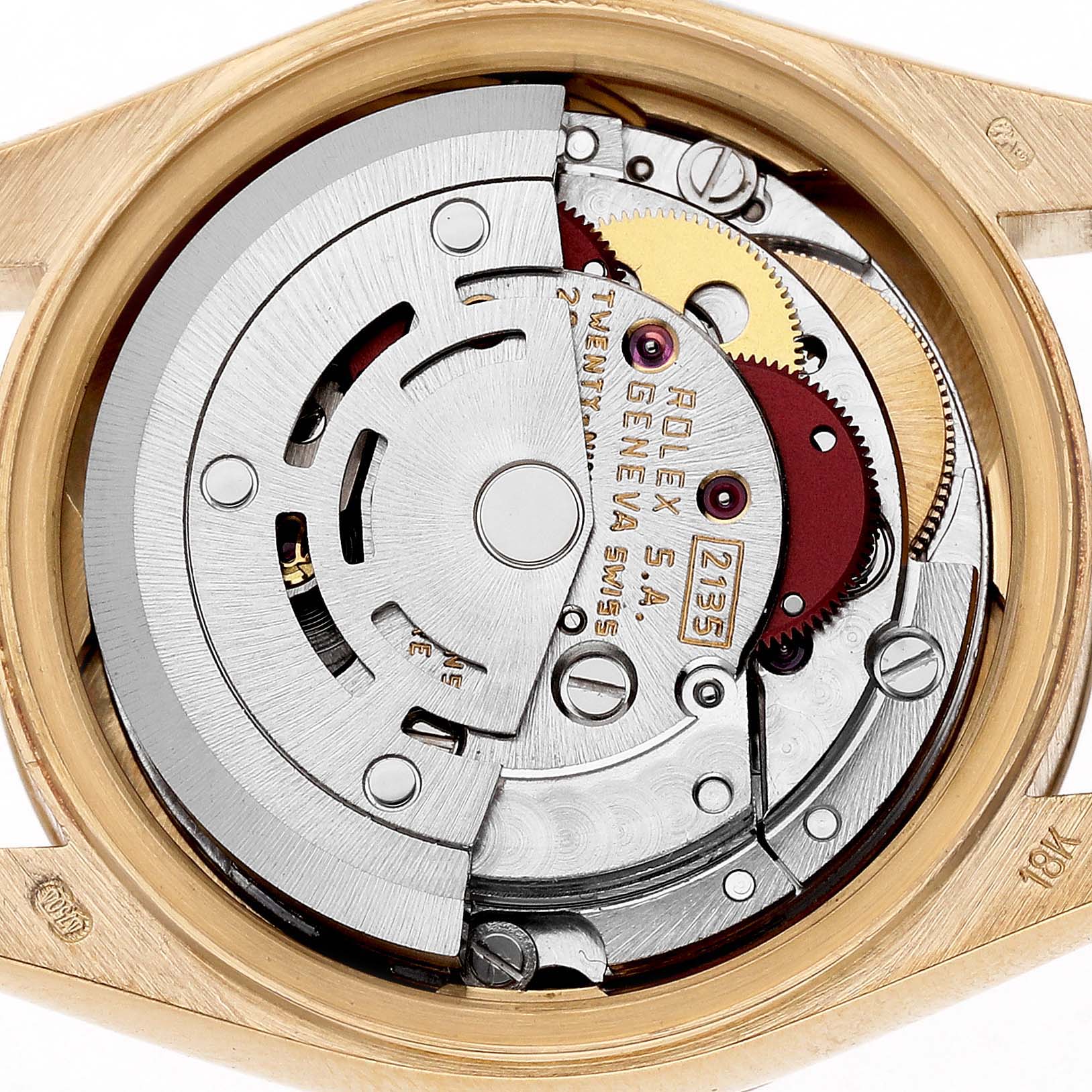 The image shows the internal movement of a Rolex President 69178 Women's Yellow Gold Champagne Dial watch, focusing on the rotor and gear mechanism.