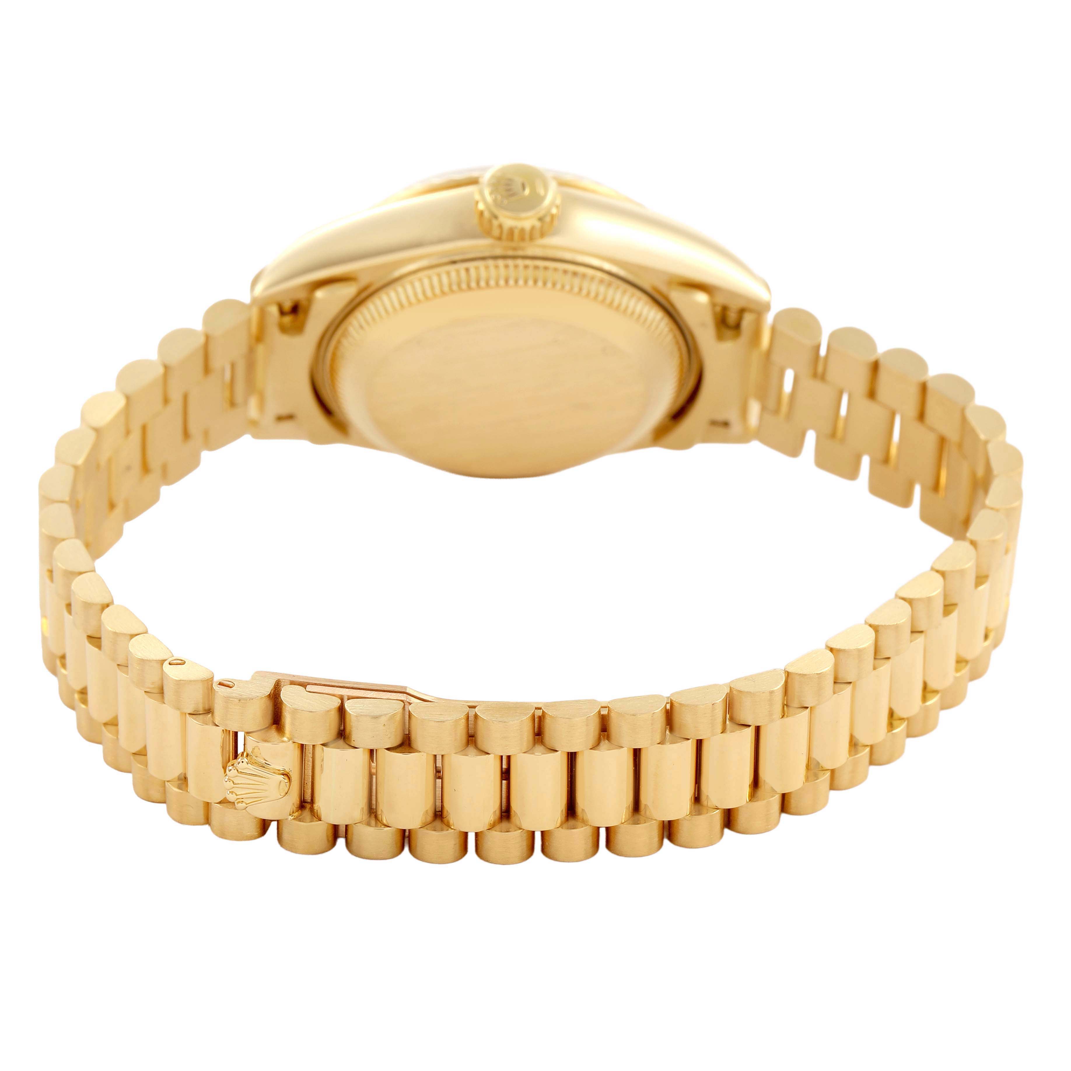 The image shows the back and bracelet of a Rolex President 69178 Women's Yellow Gold Champagne Dial model, highlighting the clasp and watch case.