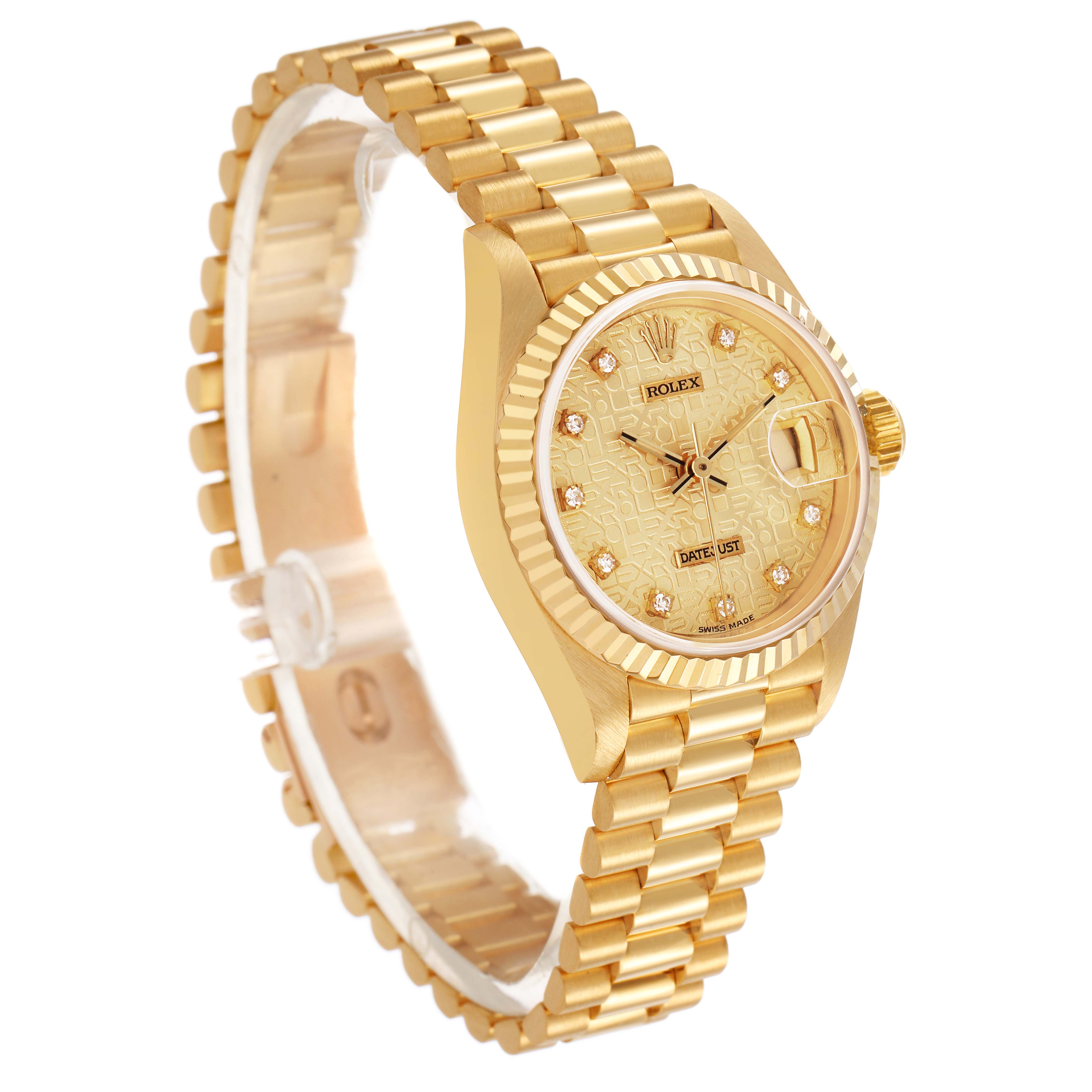 The Rolex President 69178 Women's Yellow Gold Champagne Dial model is shown at a three-quarter angle, displaying the bracelet, fluted bezel, and dial with date and diamond markers.