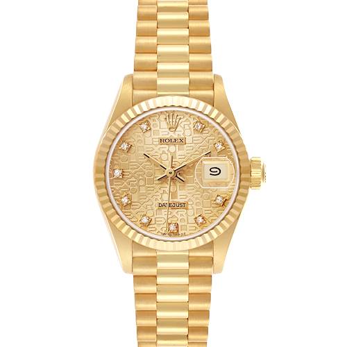 The Rolex President 69178 Women's Yellow Gold Champagne Dial watch is shown from a front angle, highlighting its gold bracelet, patterned dial, and date window.