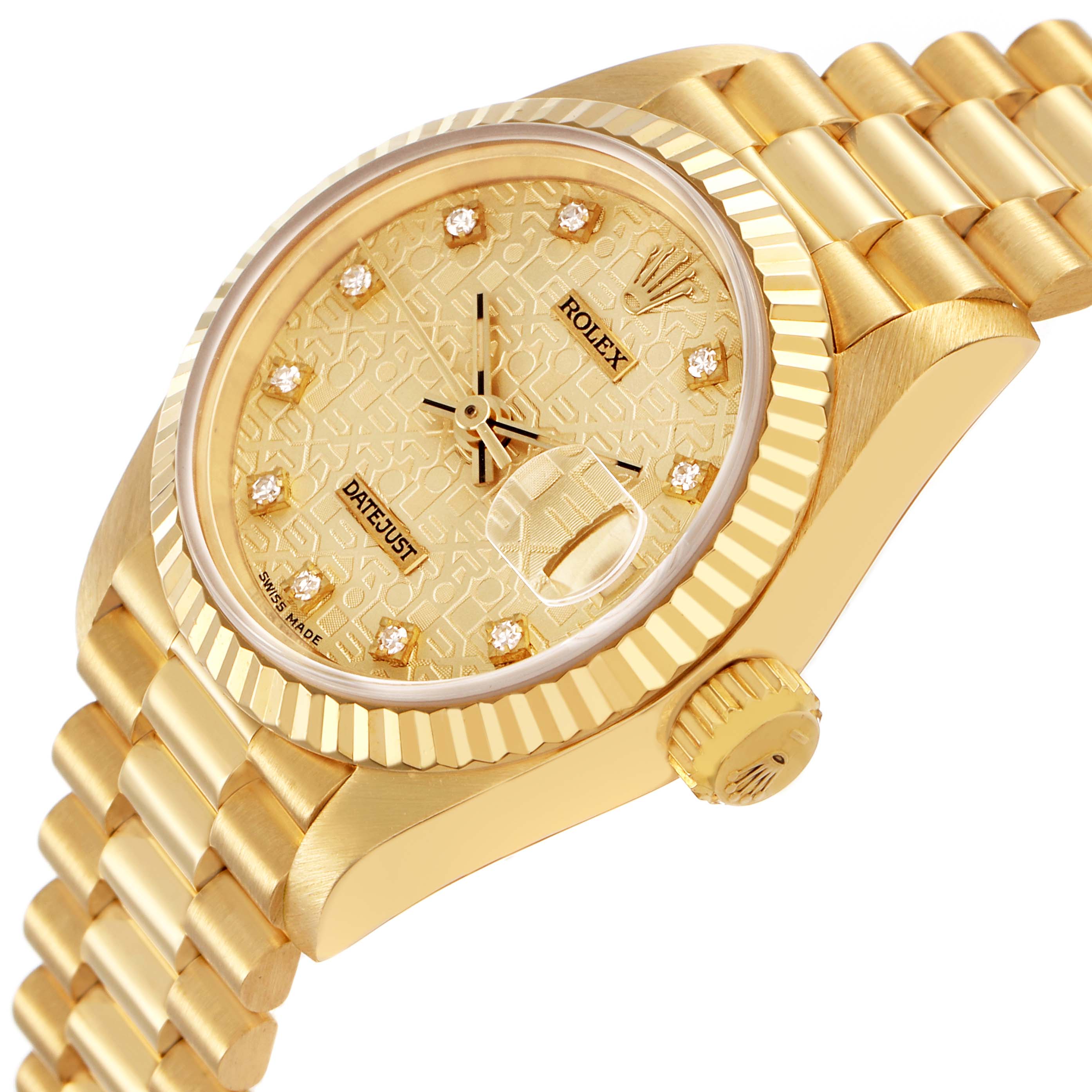 The Rolex President 69178 Women's Yellow Gold Champagne Dial model watch is shown at a slight angle, highlighting the bezel, dial, crown, and part of the bracelet.