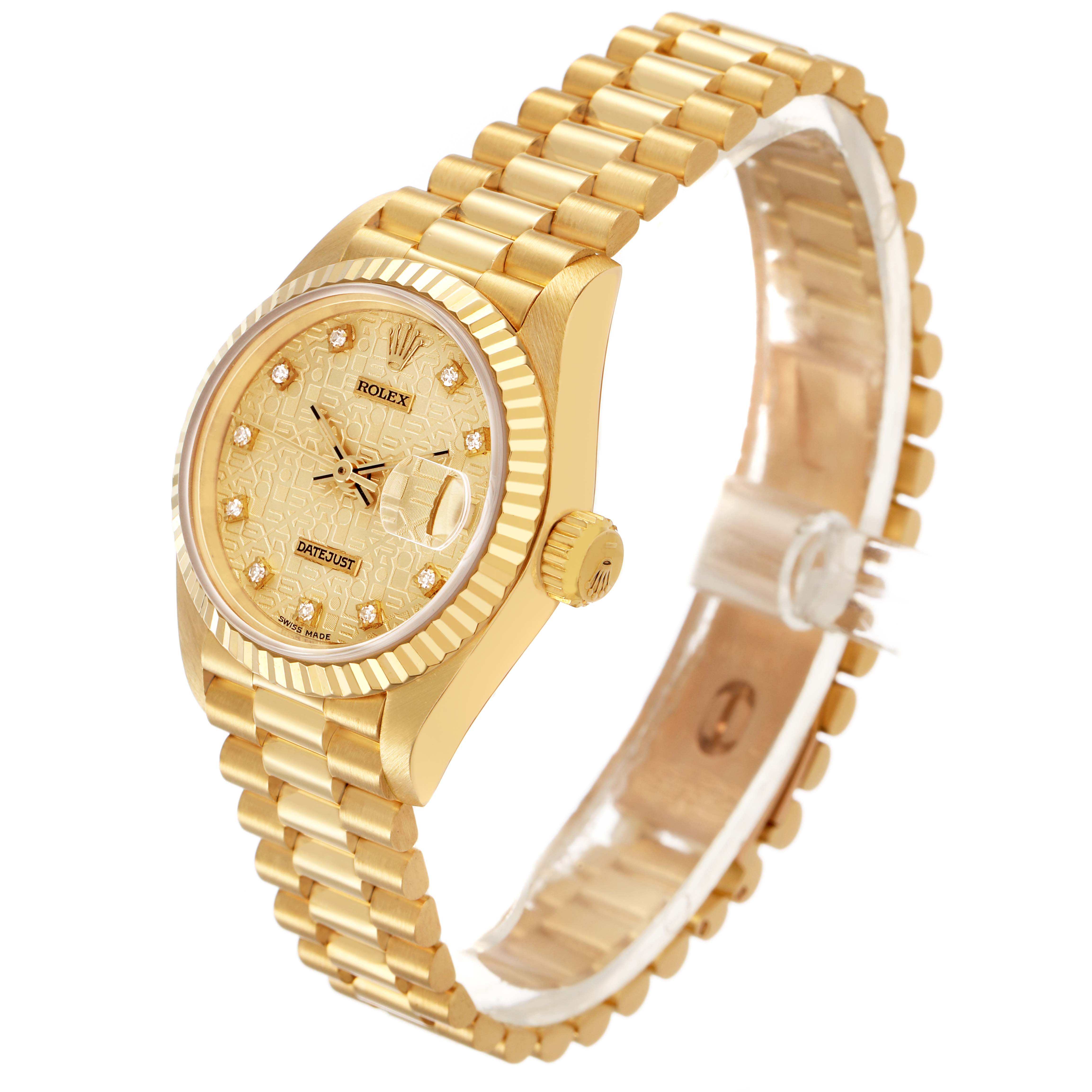 The Rolex President 69178 Women's Yellow Gold Champagne Dial model watch is shown at a slight angle, highlighting the bezel, dial, crown, and bracelet.