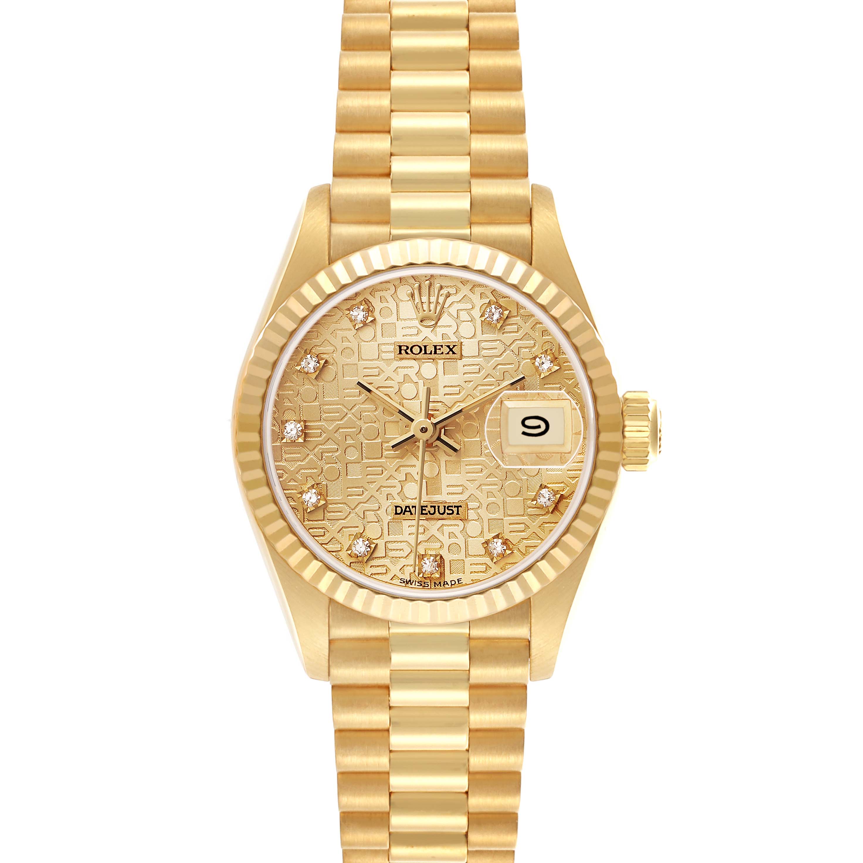The Rolex President 69178 Women's Yellow Gold Champagne Dial model watch is shown from the front, displaying the dial, bezel, and bracelet.