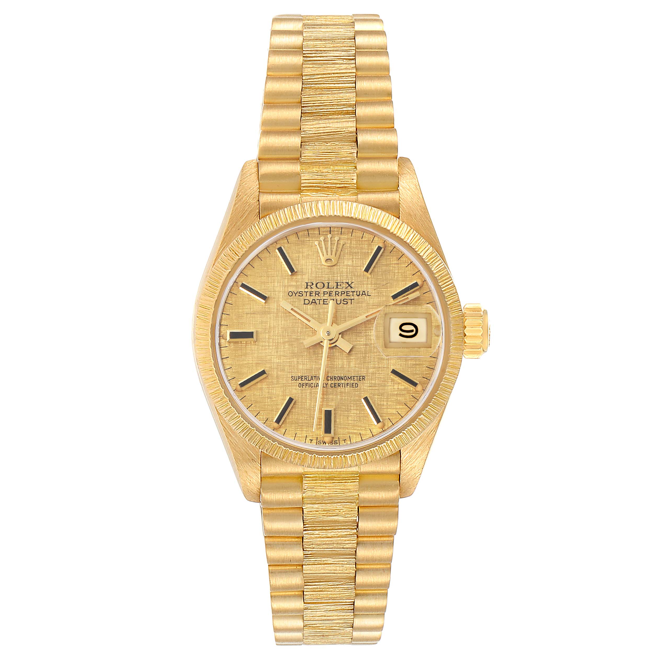 The Rolex Datejust 69278 Women's Yellow Gold Champagne Dial 69278 Women's Yellow Gold Champagne Dial is shown from a front angle, displaying the entire gold bracelet, dial, and date window.