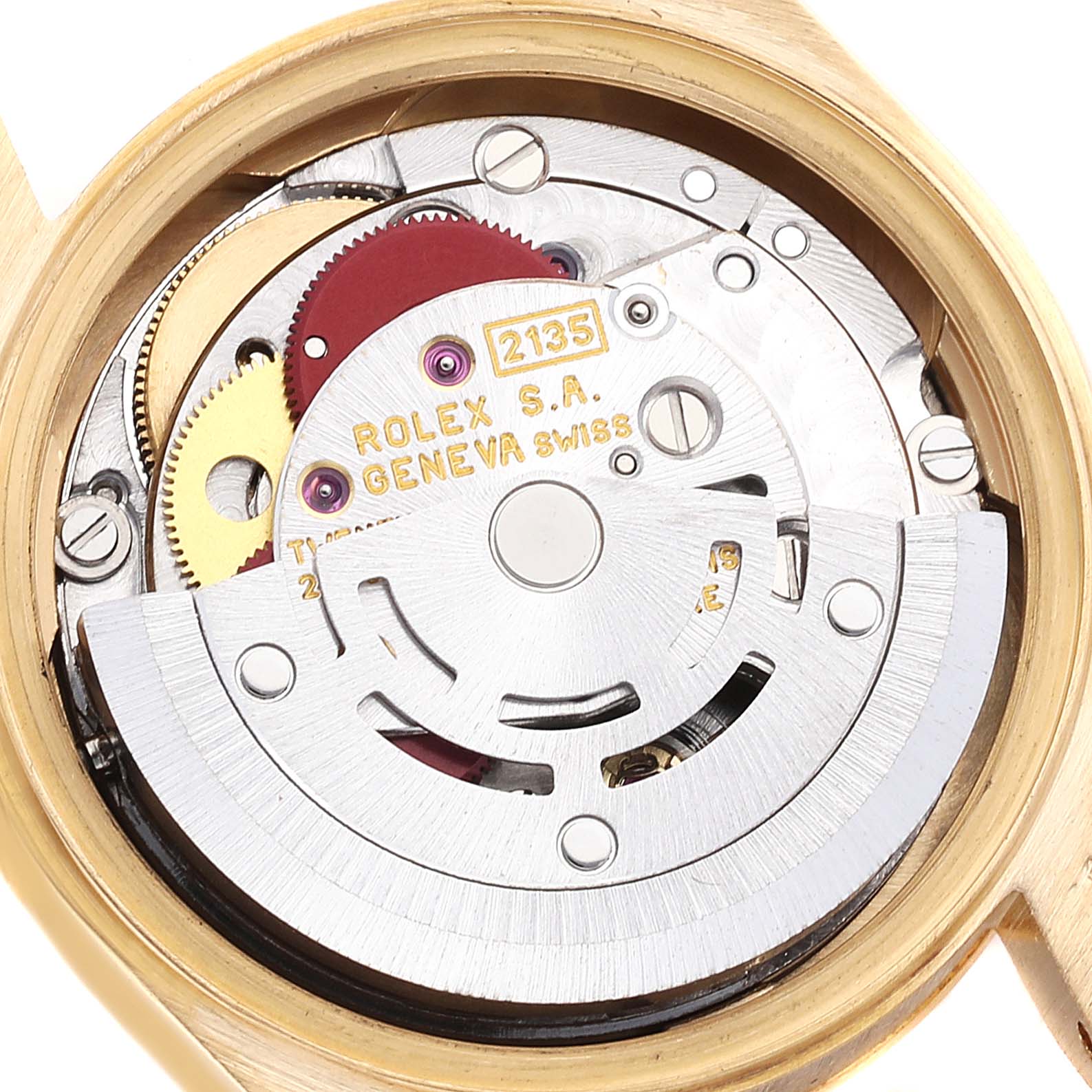 The image shows the internal movement and mechanisms of a Rolex President 69178 Women
s Yellow Gold Champagne Dial 69178 Women
s Yellow Gold Champagne Dial model watch from a top-down angle.