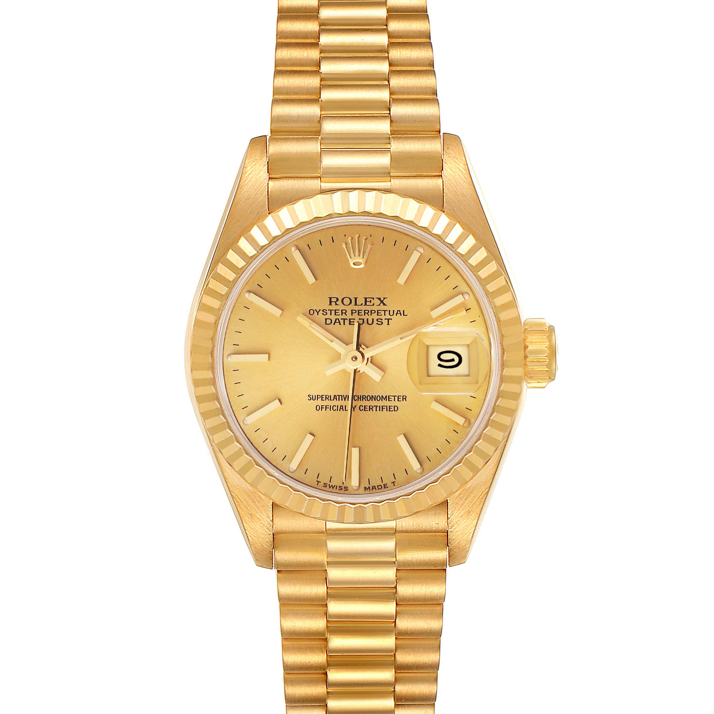 This is a head-on view of the Rolex President 69178 Women
s Yellow Gold Champagne Dial 69178 Women
s Yellow Gold Champagne Dial model watch, showing the gold dial, fluted bezel, and the bracelet.